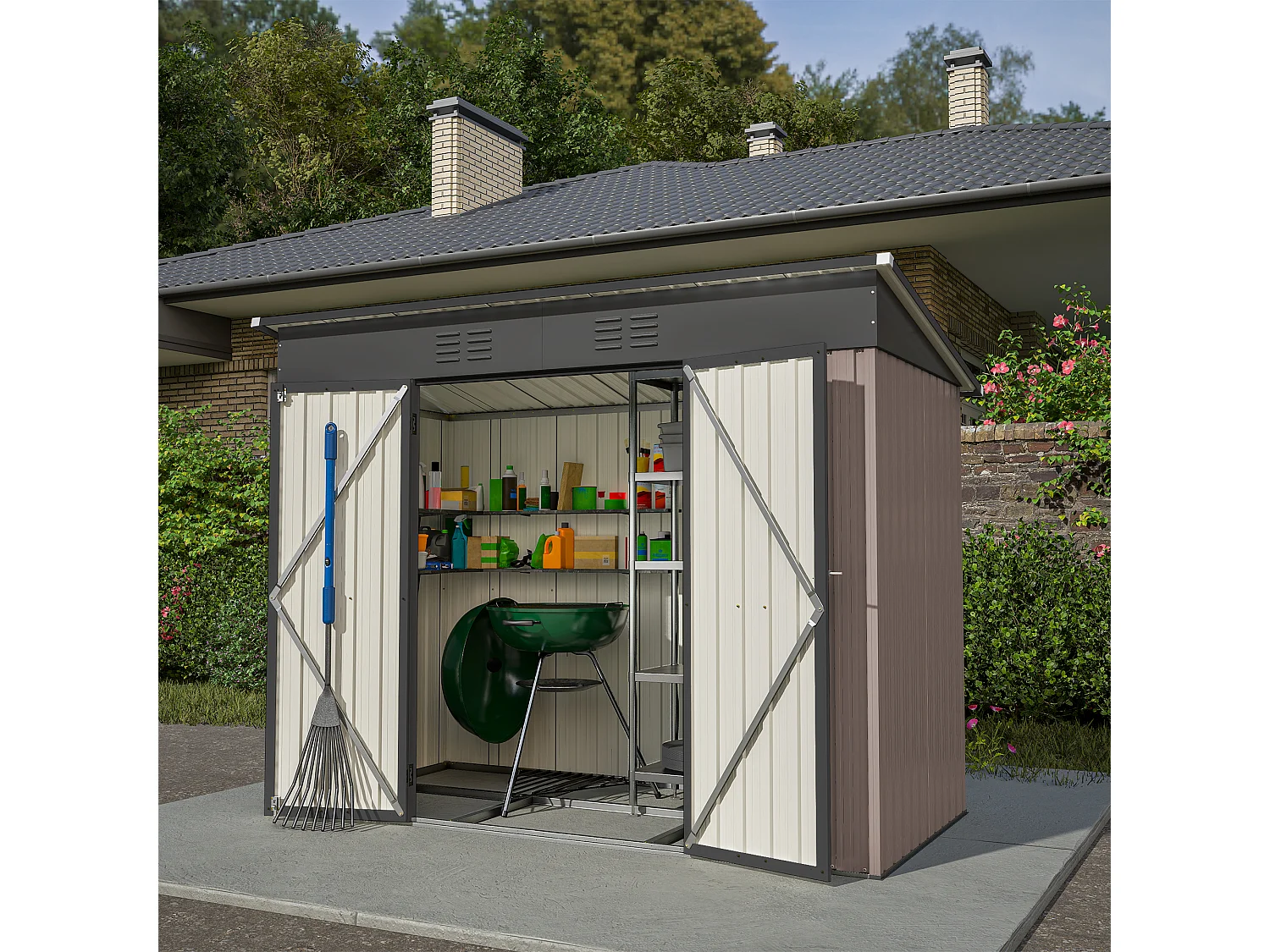 Abri de jardin métallique résistant aux intempéries, avec fondation en métal, sans plancher, brun (229x111x182 cm)