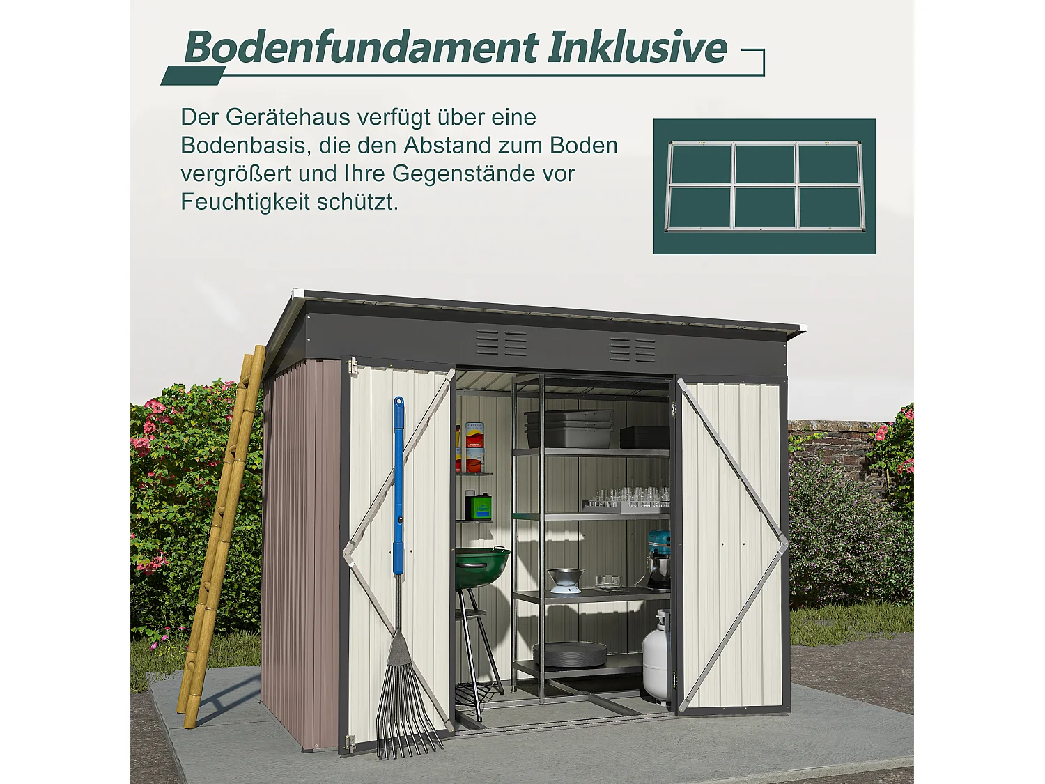 Abri de jardin métallique résistant aux intempéries, avec fondation en métal, sans plancher, brun (229x111x182 cm)