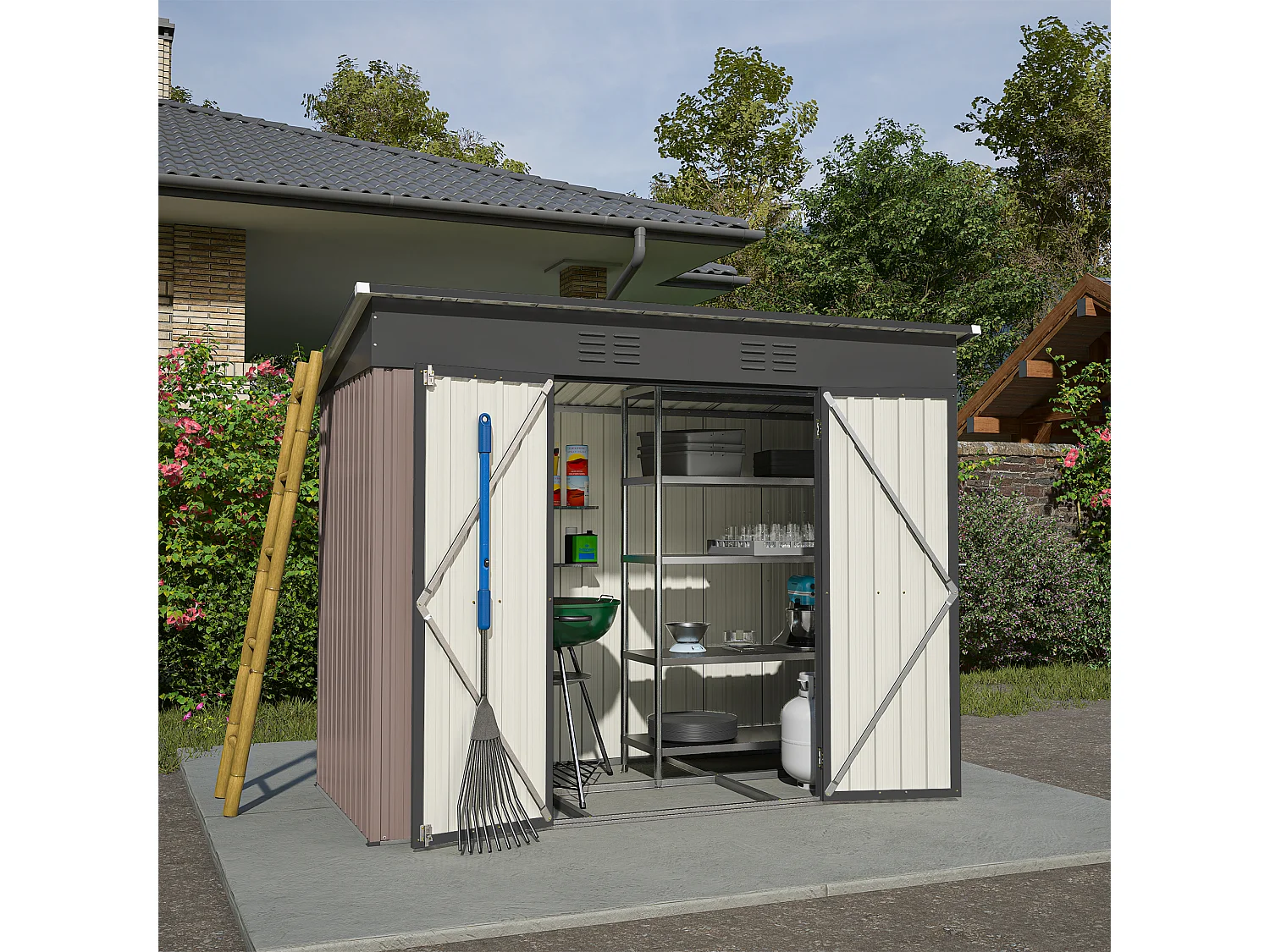 Abri de jardin métallique résistant aux intempéries, avec fondation en métal, sans plancher, brun (229x111x182 cm)