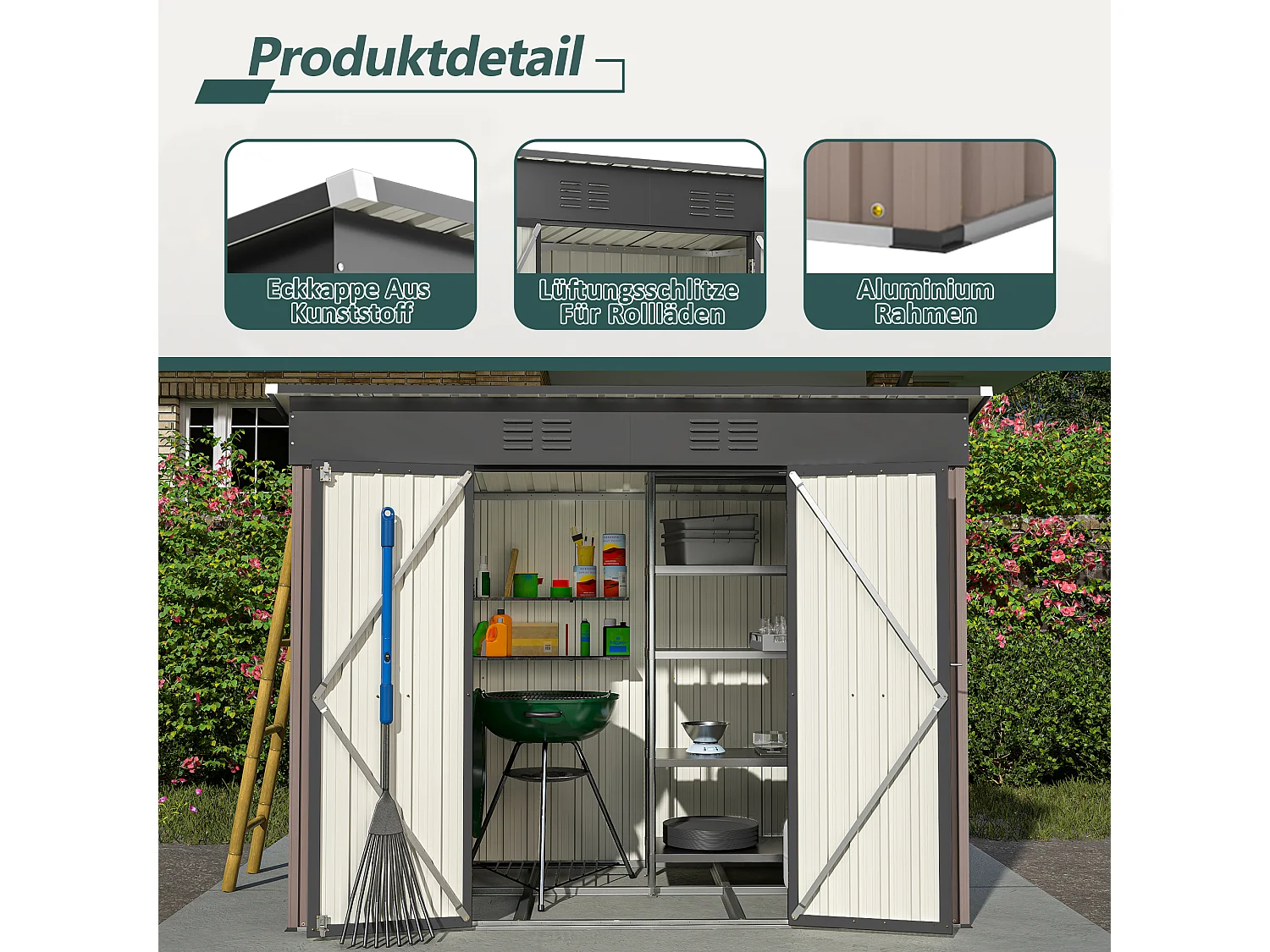 Abri de jardin métallique résistant aux intempéries, avec fondation en métal, sans plancher, brun (229x111x182 cm)