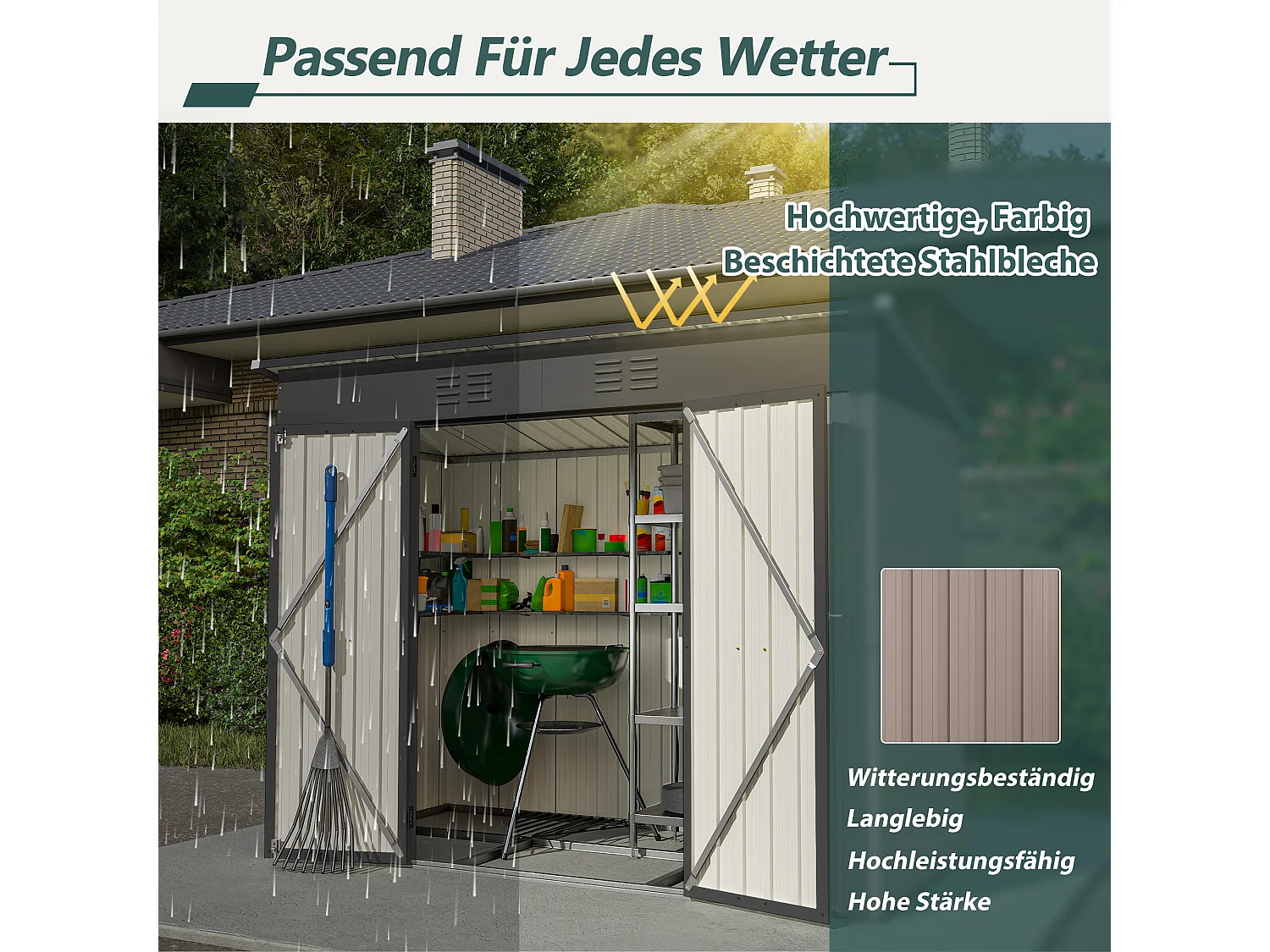 Abri de jardin métallique résistant aux intempéries, avec fondation en métal, sans plancher, brun (229x111x182 cm)