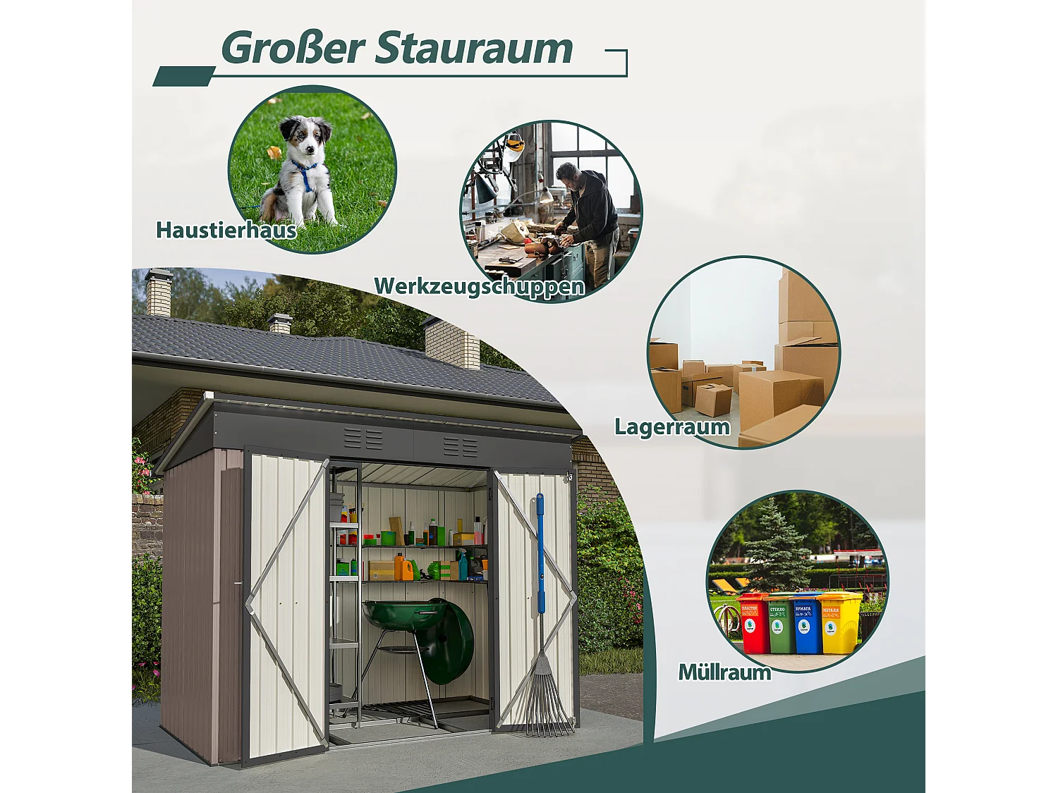 Abri de jardin métallique résistant aux intempéries, avec fondation en métal, sans plancher, brun (229x111x182 cm)