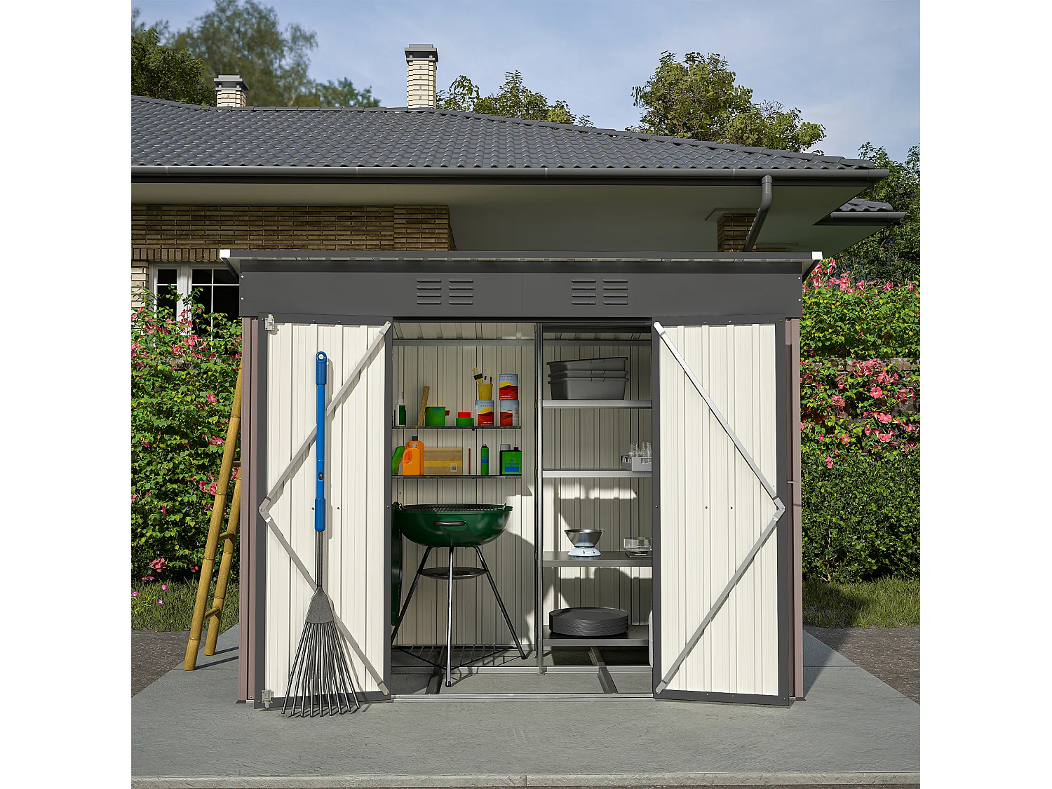 Abri de jardin métallique résistant aux intempéries, avec fondation en métal, sans plancher, brun (229x111x182 cm)