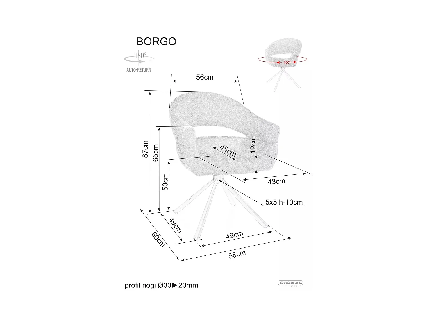 Chaise Borgo / Rotation à 180 degrés / Revêtement en tissu métallique /Beige