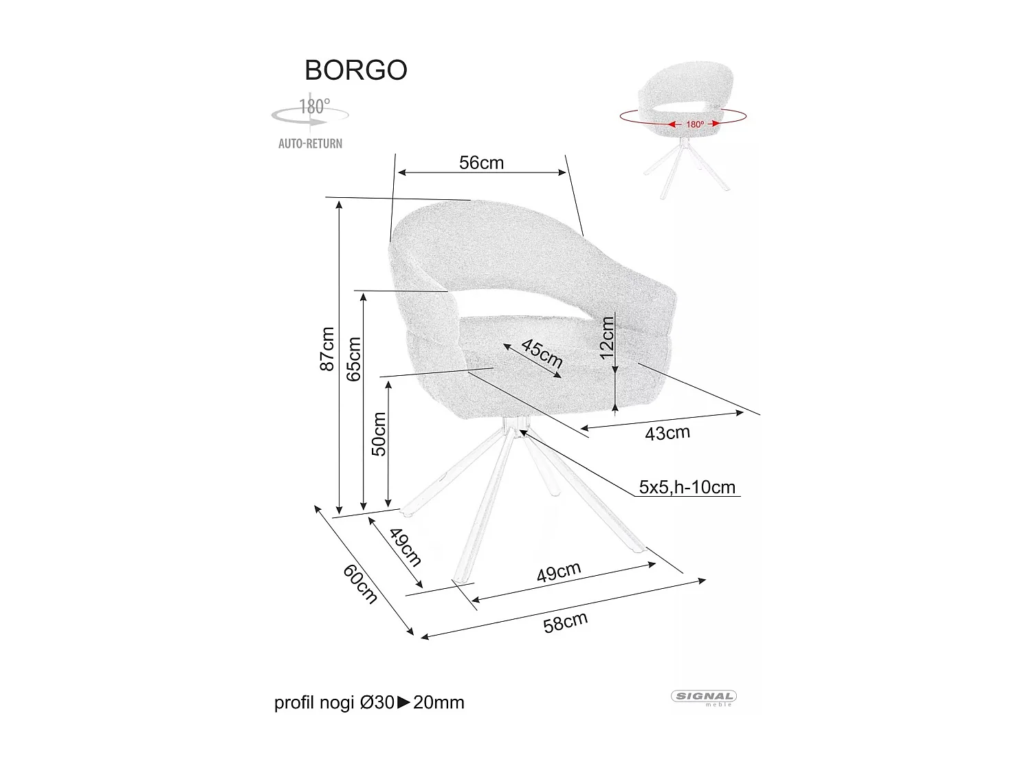 Chaise Borgo / Rotation à 180 degrés / Revêtement en tissu métallique /Gris