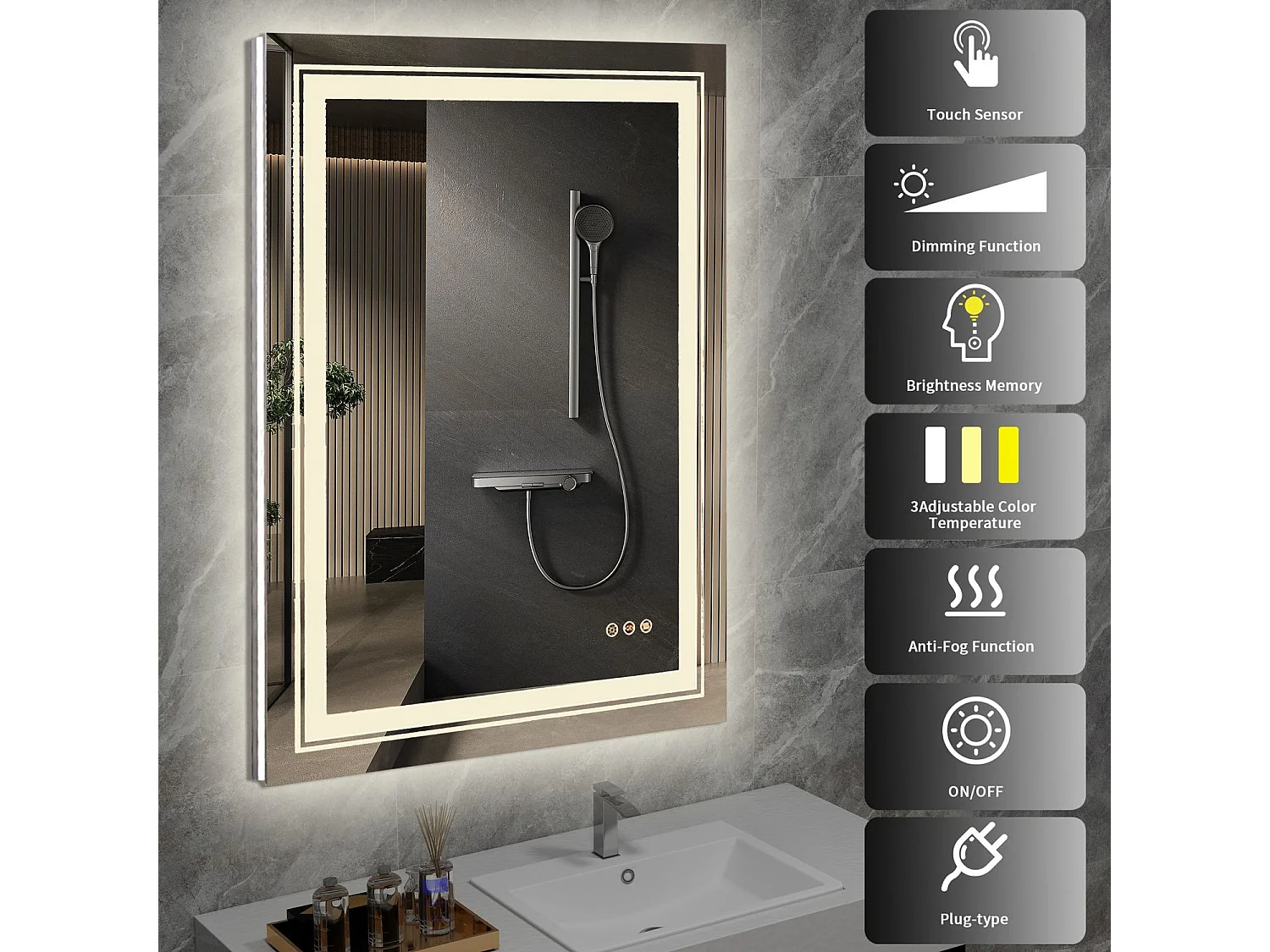 Miroir Vero/LED/Tactile/Verre miroir/Blanc