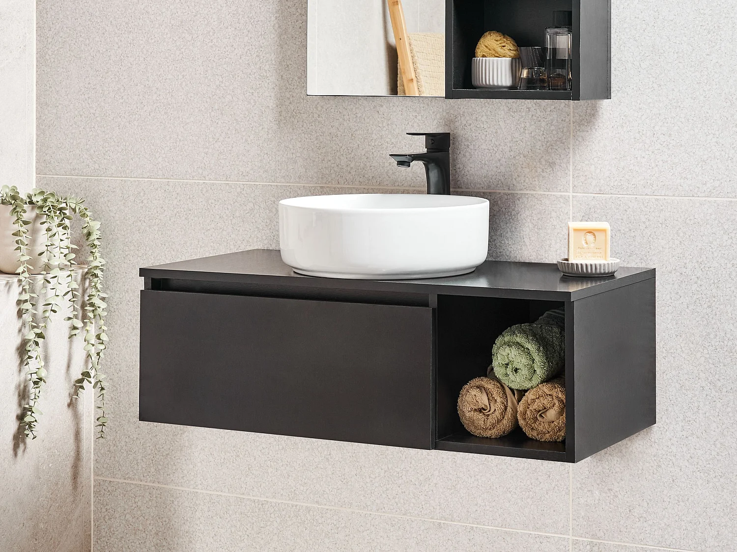 Hänge Waschbeckenunterschrank schwarz 80x40 cm mit Klappe und Regal Rupanco