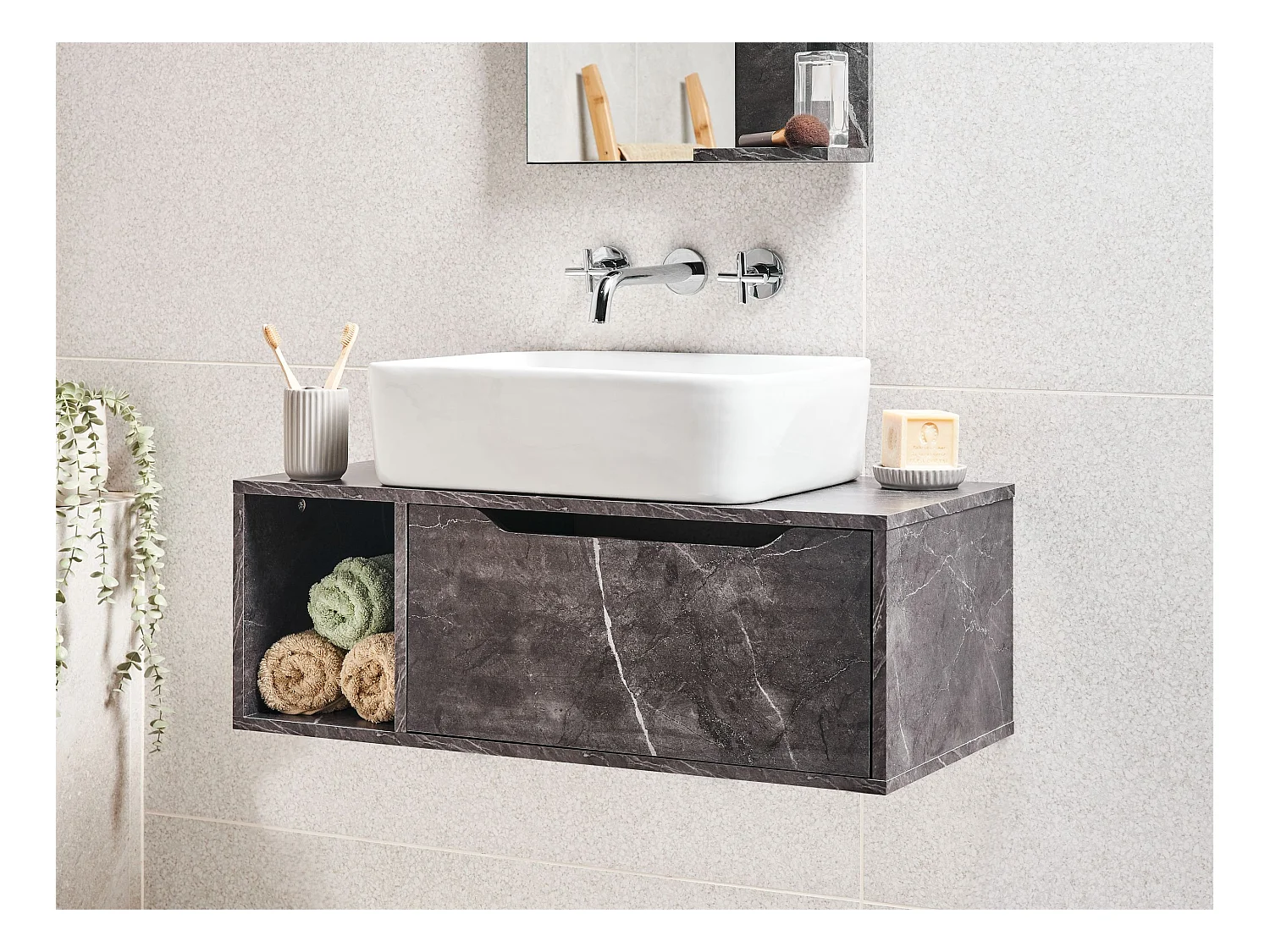 Meuble lavabo mural CASCAVEL 80 cm Marbre noir