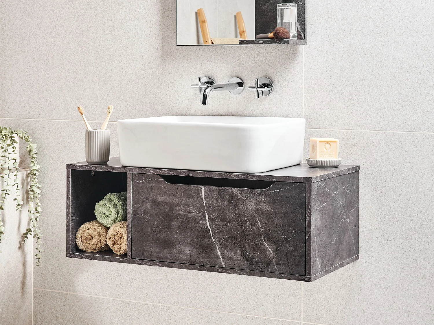 Meuble lavabo mural CASCAVEL 80 cm Marbre noir