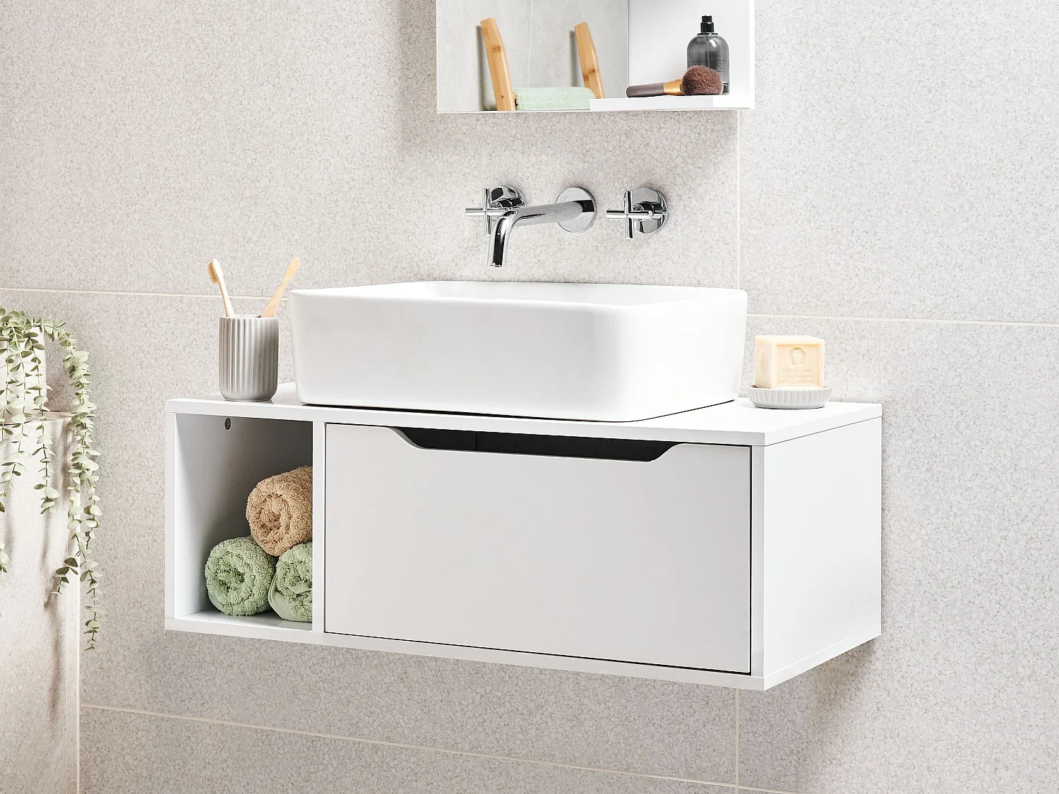 Hänge Waschbeckenunterschrank weiß 80x40 cm mit Klappe und Regal modern Cascavel