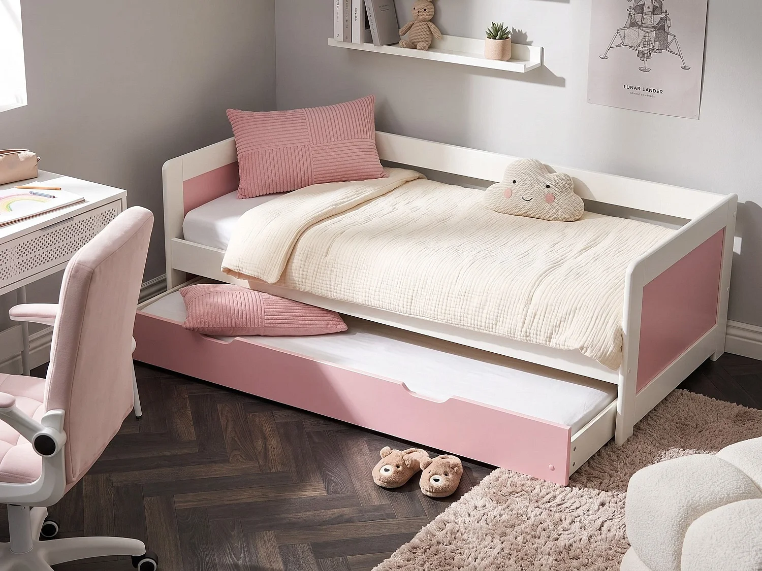 Lit gigogne Bois de pin GRAVELINES 90 x 200 cm Rose