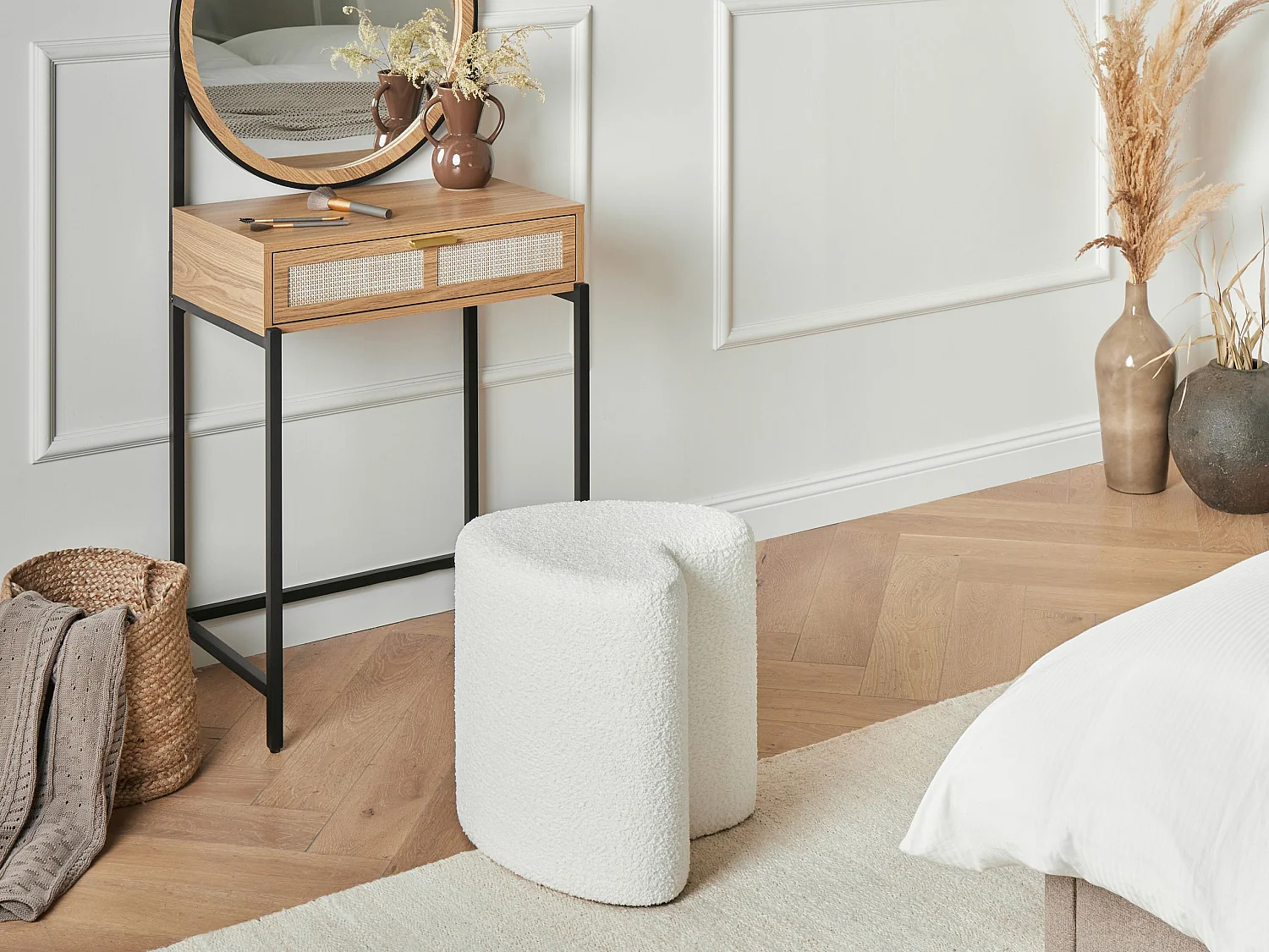 Pouf SCOTIA Tissu chenille Blanc cassé