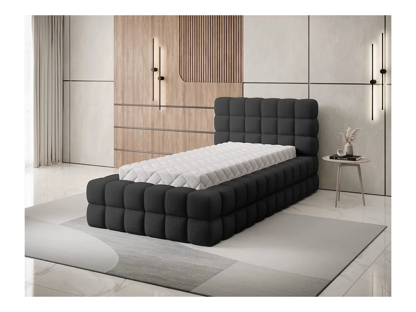 Bett Dario XS (90x200)/Stoffbezug/Bettkasten/Bouclé/Schwarz