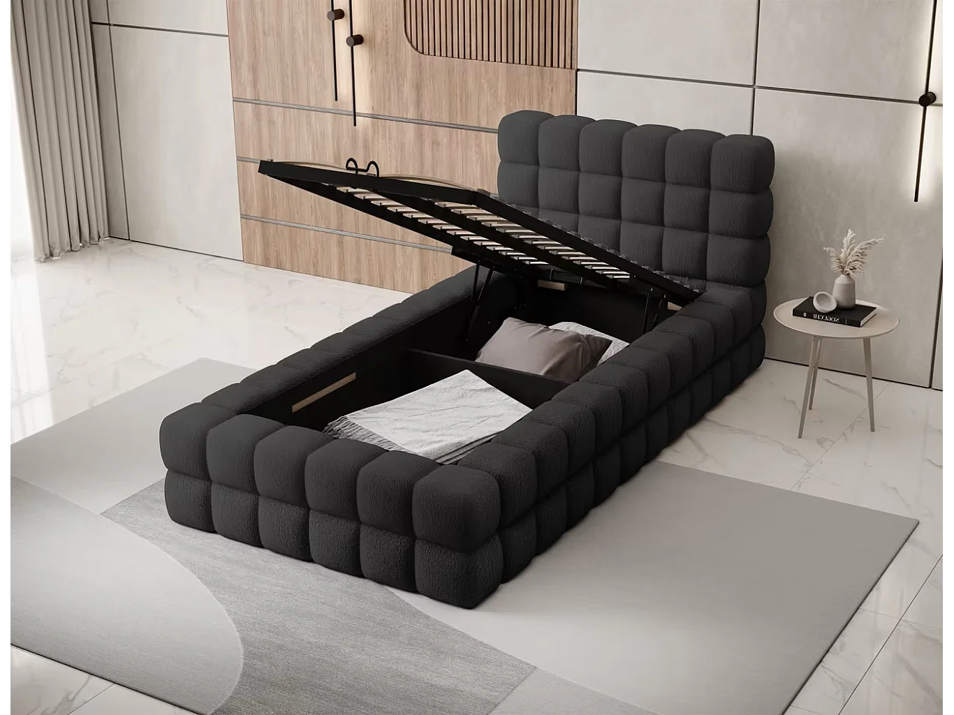 Bett Dario XS (90x200)/Stoffbezug/Bettkasten/Bouclé/Schwarz