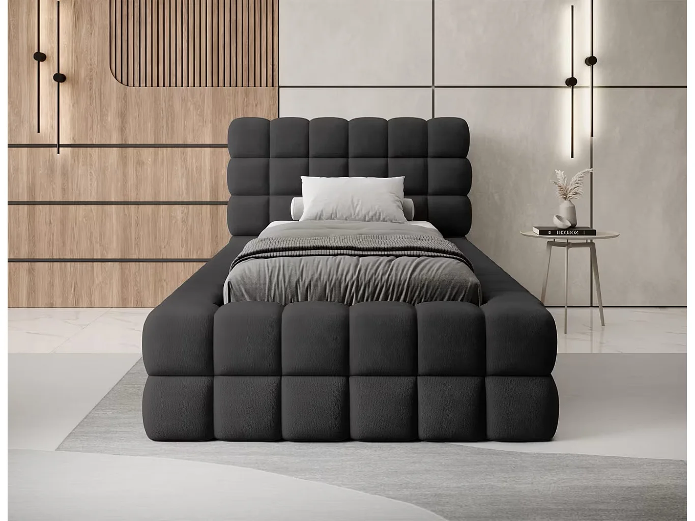 Bett Dario XS (90x200)/Stoffbezug/Bettkasten/Bouclé/Schwarz