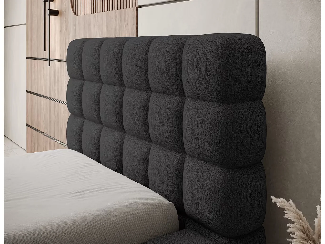 Bett Dario XS (90x200)/Stoffbezug/Bettkasten/Bouclé/Schwarz