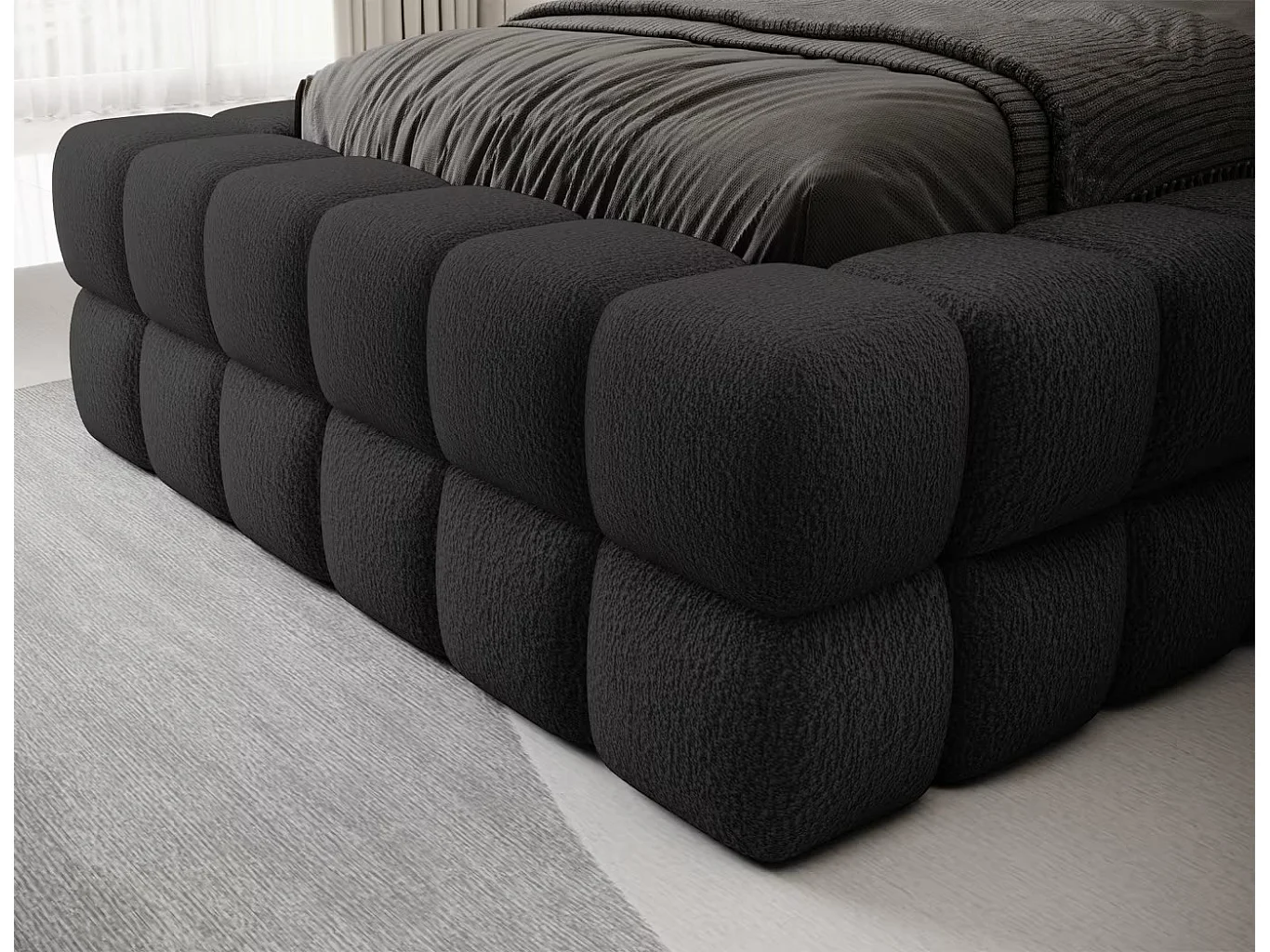 Bett Dario XS (90x200)/Stoffbezug/Bettkasten/Bouclé/Schwarz