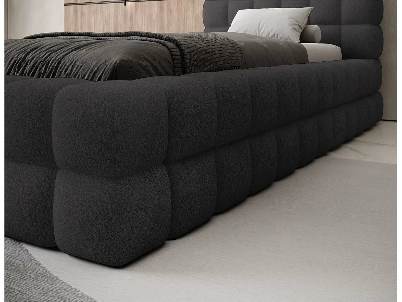 Bett Dario XS (90x200)/Stoffbezug/Bettkasten/Bouclé/Schwarz