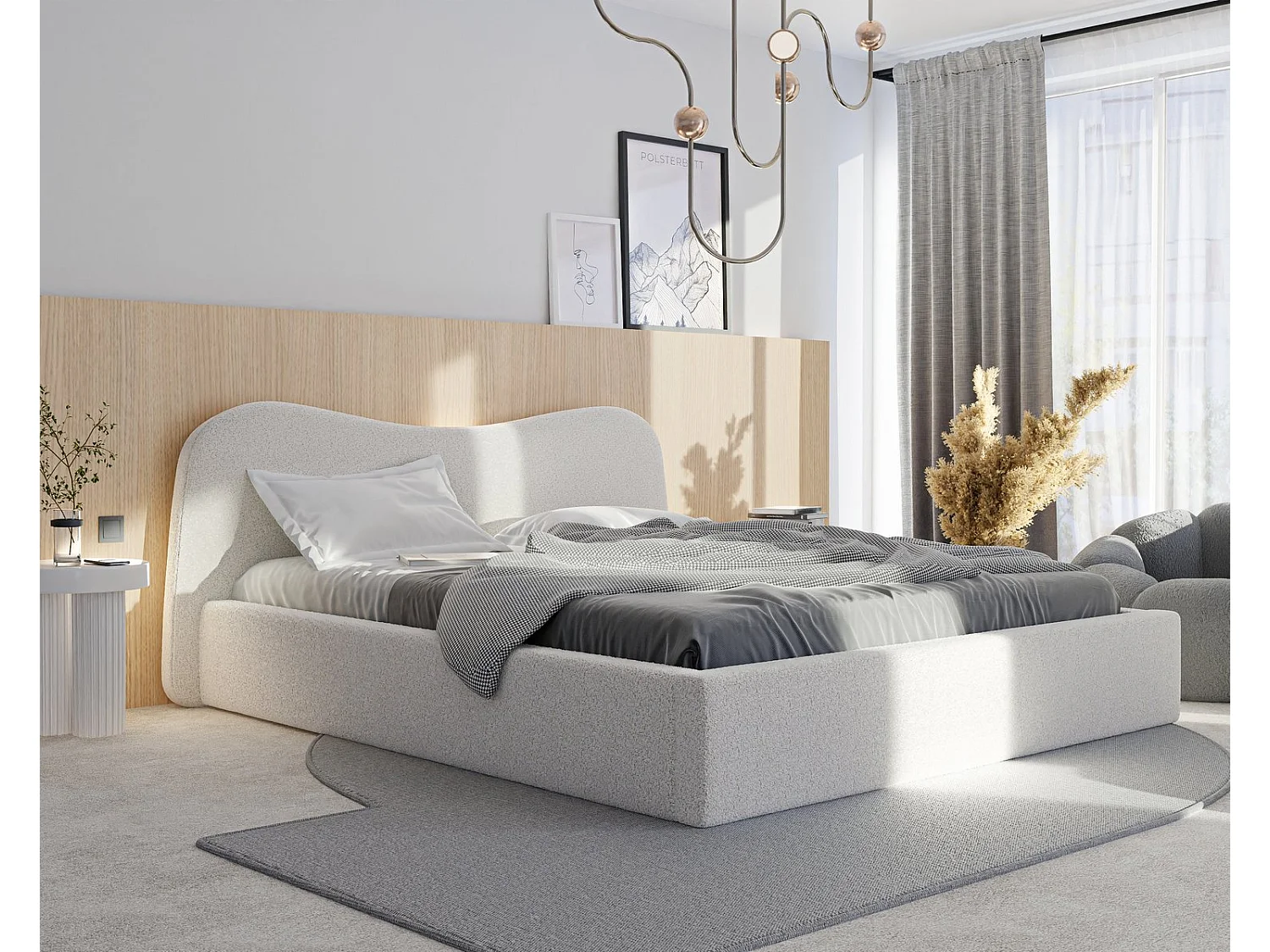 Lit tapissé COZY avec coffre de rangement pour la literie | 160x200 Crème