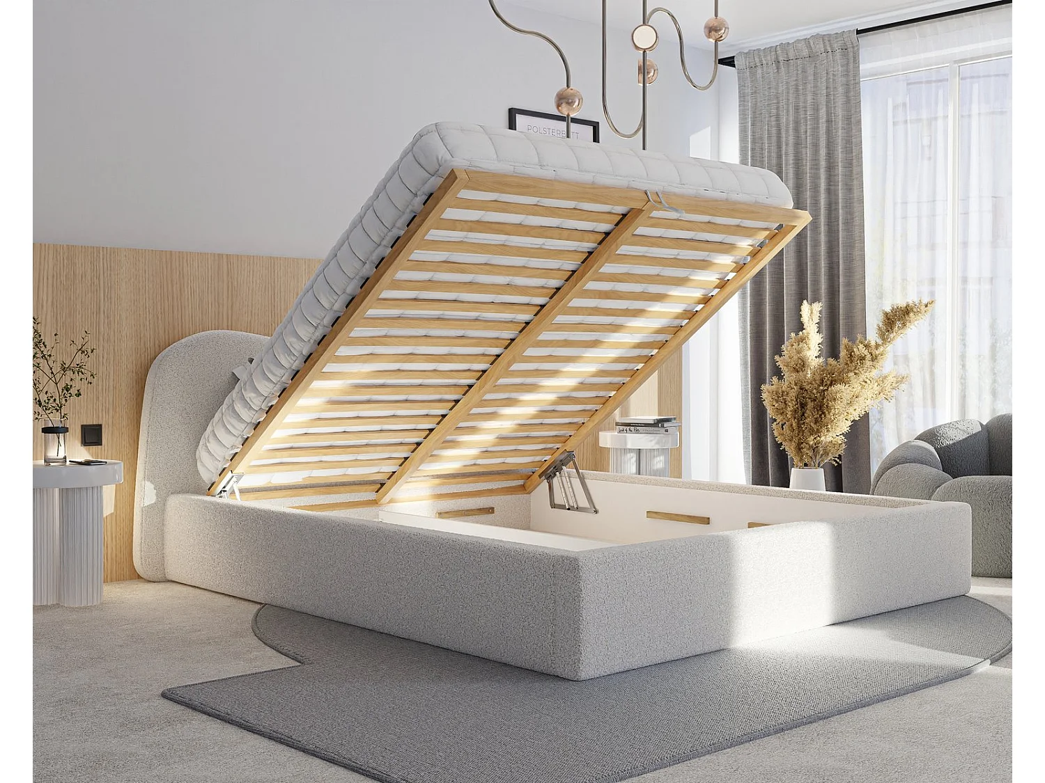 Lit tapissé COZY avec coffre de rangement pour la literie | 160x200 Crème