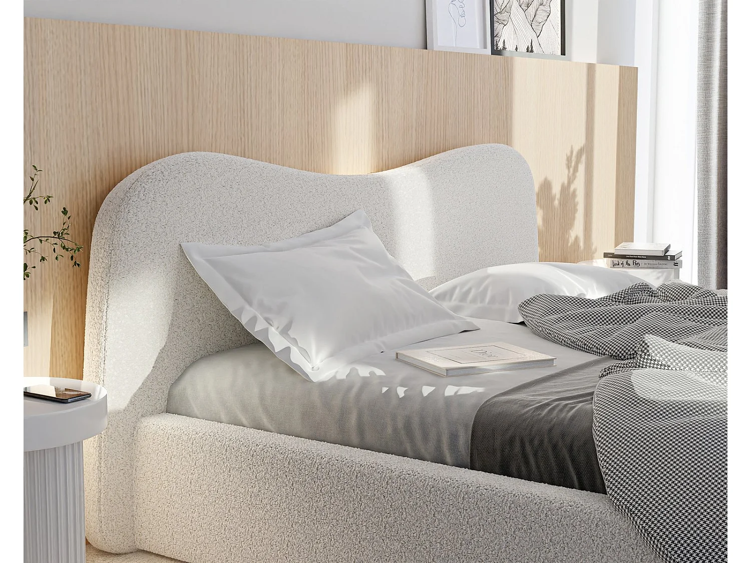 Lit tapissé COZY avec coffre de rangement pour la literie | 140x200 Crème