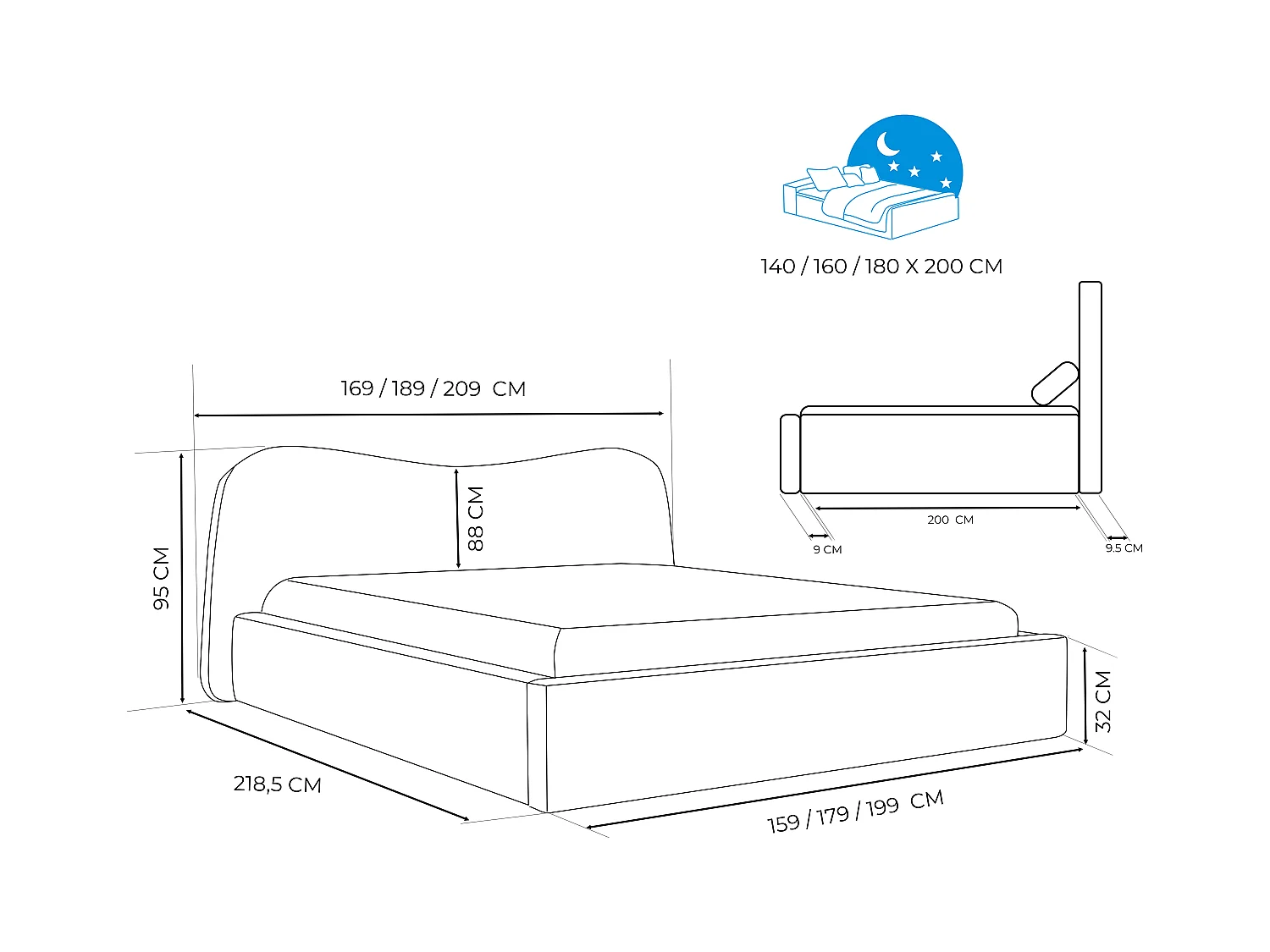 Lit tapissé COZY avec coffre de rangement pour la literie | 180x200 Gris