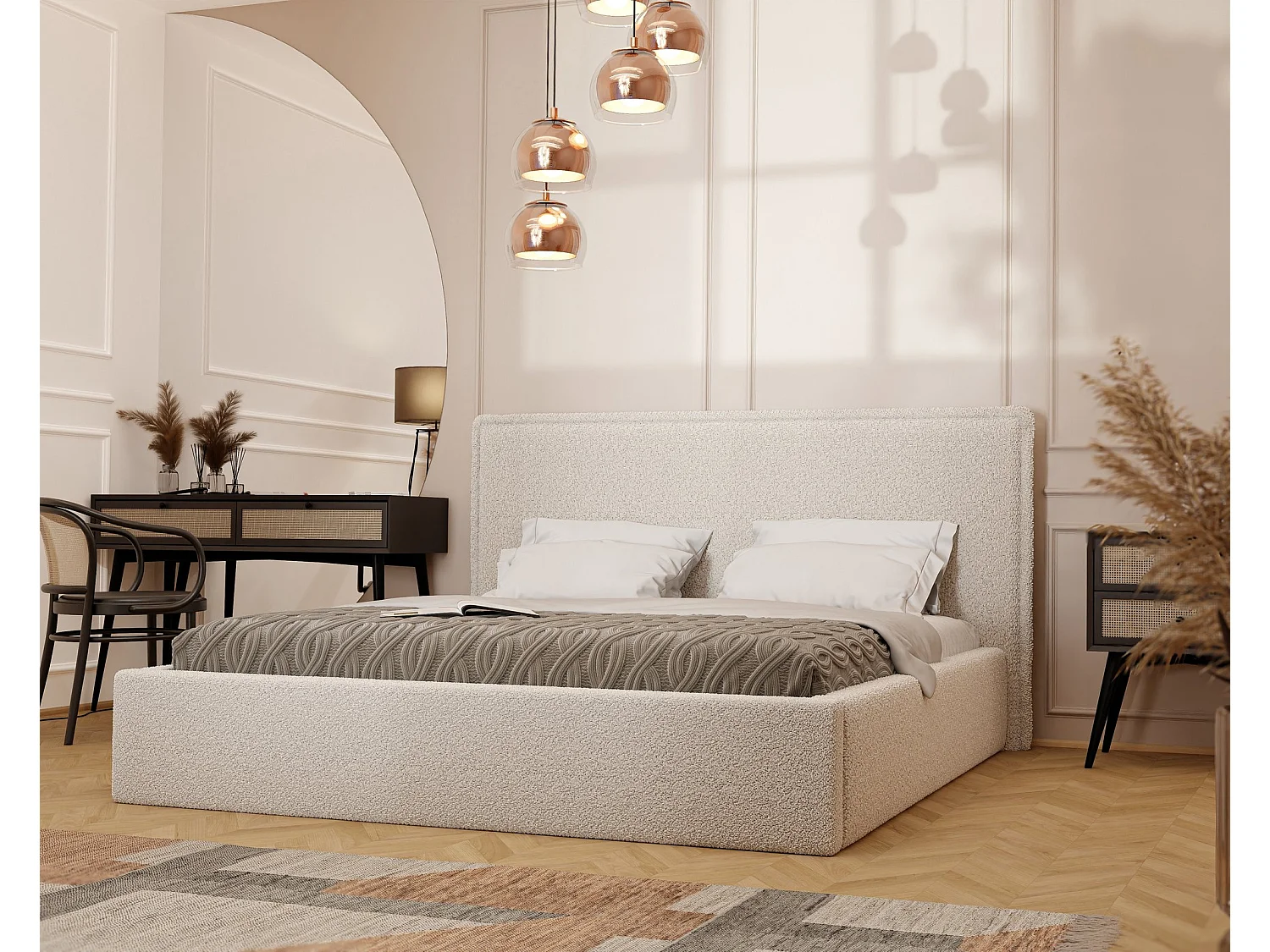 Lit tapissé COFY avec coffre de rangement pour la literie | 140x200 Crème