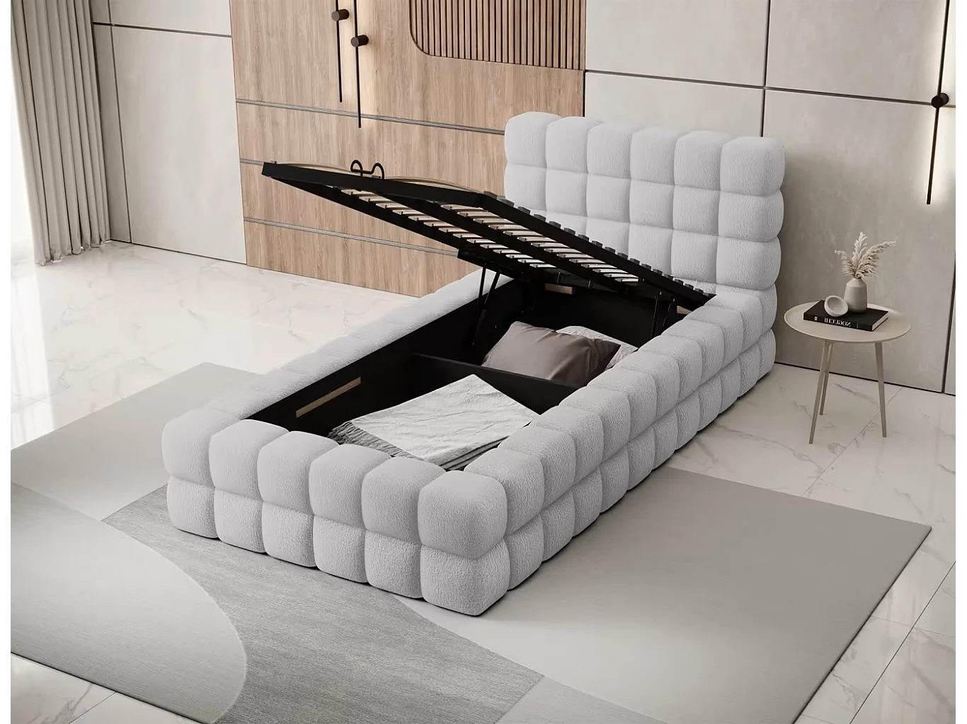 Bett Dario XS (90x200)/Stoffbezug/Bettkasten/Bouclé/Grau