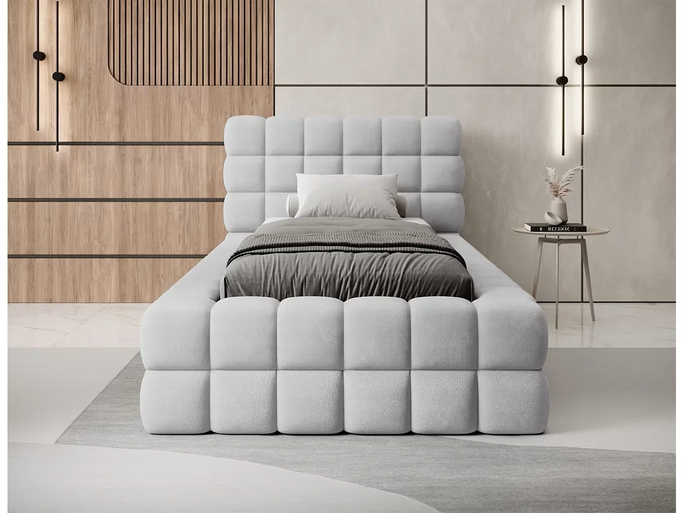 Bett Dario XS (90x200)/Stoffbezug/Bettkasten/Bouclé/Grau