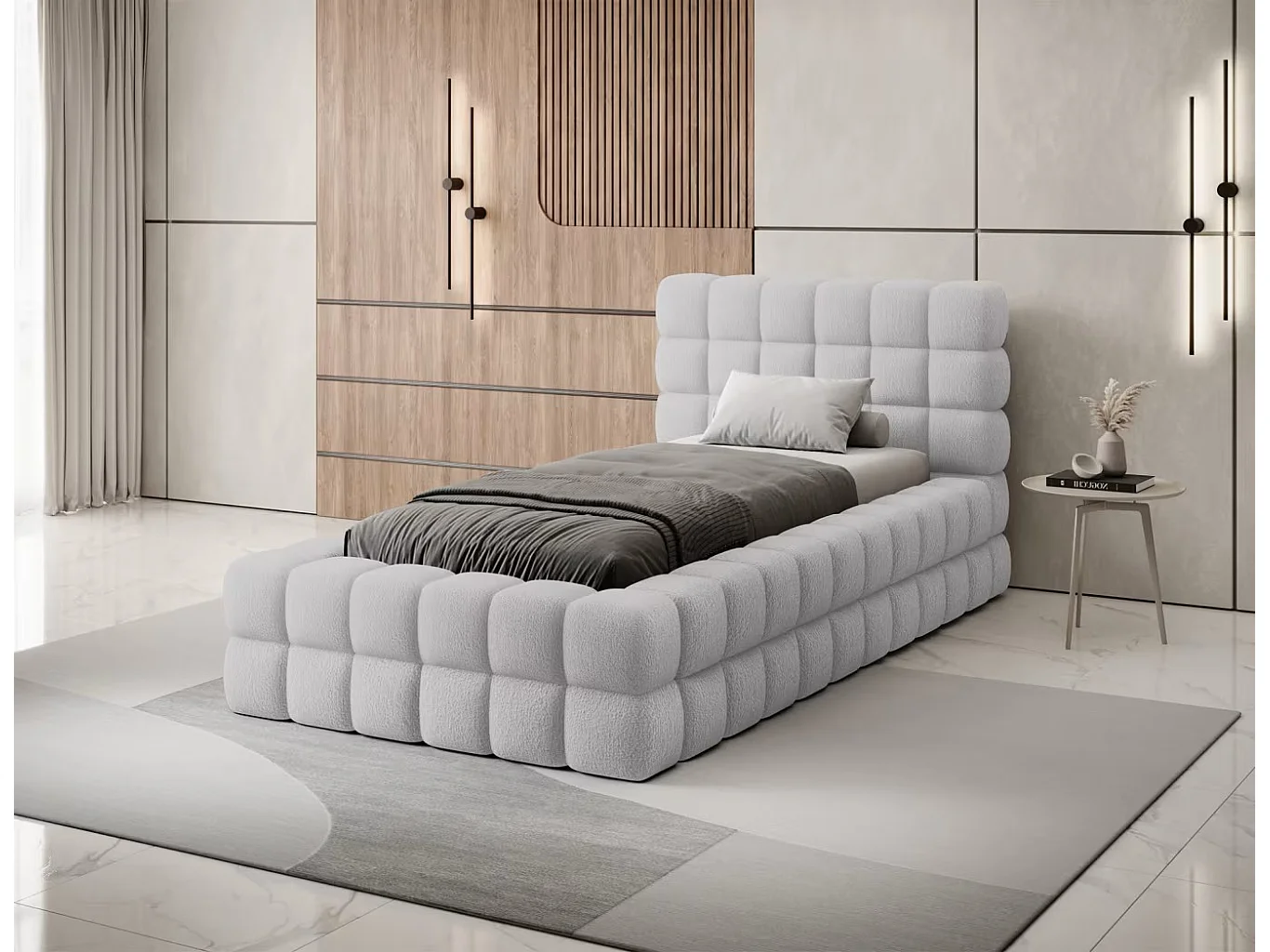 Bett Dario XS (90x200)/Stoffbezug/Bettkasten/Bouclé/Grau