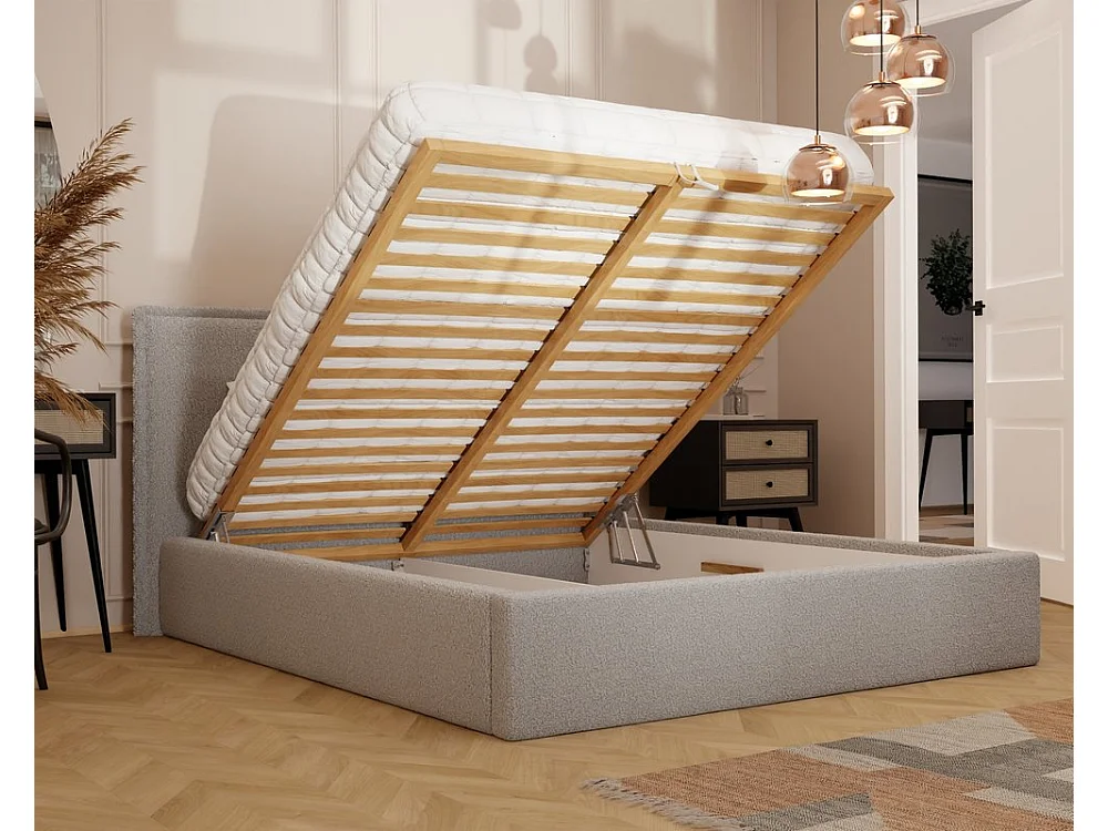 Lit tapissé COFY avec coffre de rangement pour la literie | 140x200 Gris