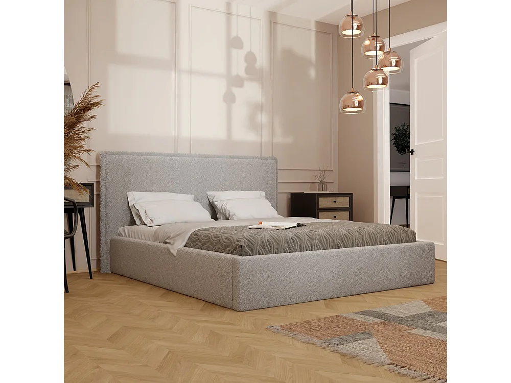 Lit tapissé COFY avec coffre de rangement pour la literie | 140x200 Gris