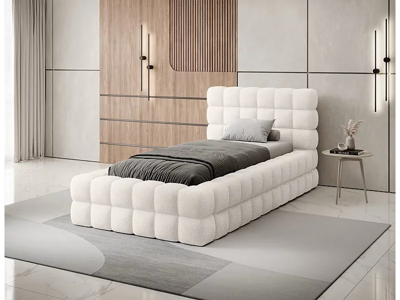 Lit Dario XS (90x200)/housse en tissu/coffre-fort/Tissu-Bouclé/Blanc