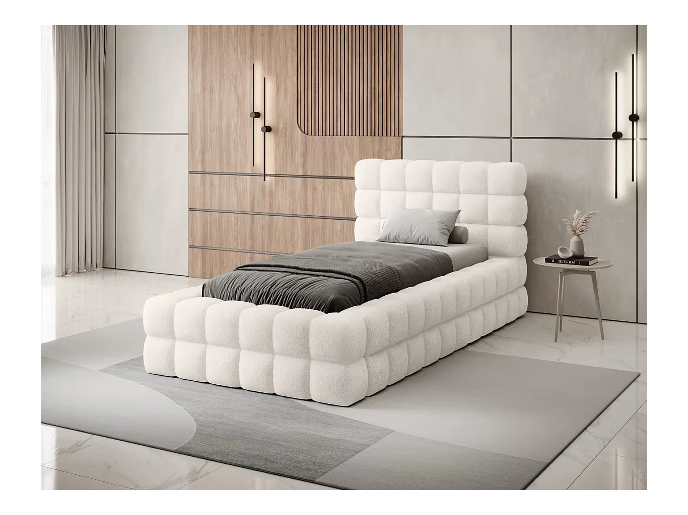 Bett Dario XS (90x200)/Stoffbezug/Bettkasten/Stoffbezug-Bouclé/Weiss