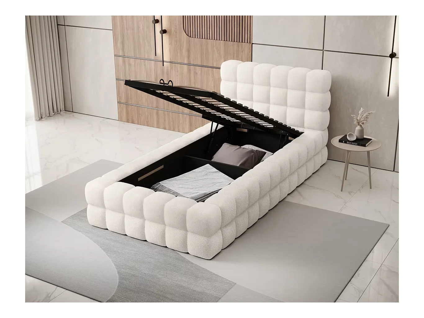 Bett Dario XS (90x200)/Stoffbezug/Bettkasten/Stoffbezug-Bouclé/Weiss