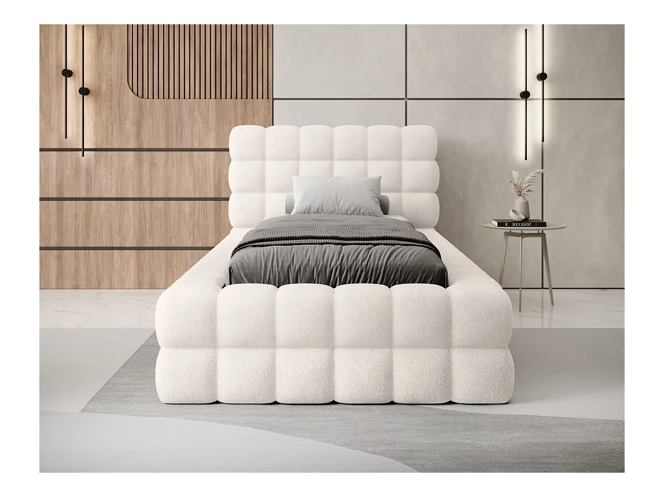 Bett Dario XS (90x200)/Stoffbezug/Bettkasten/Stoffbezug-Bouclé/Weiss