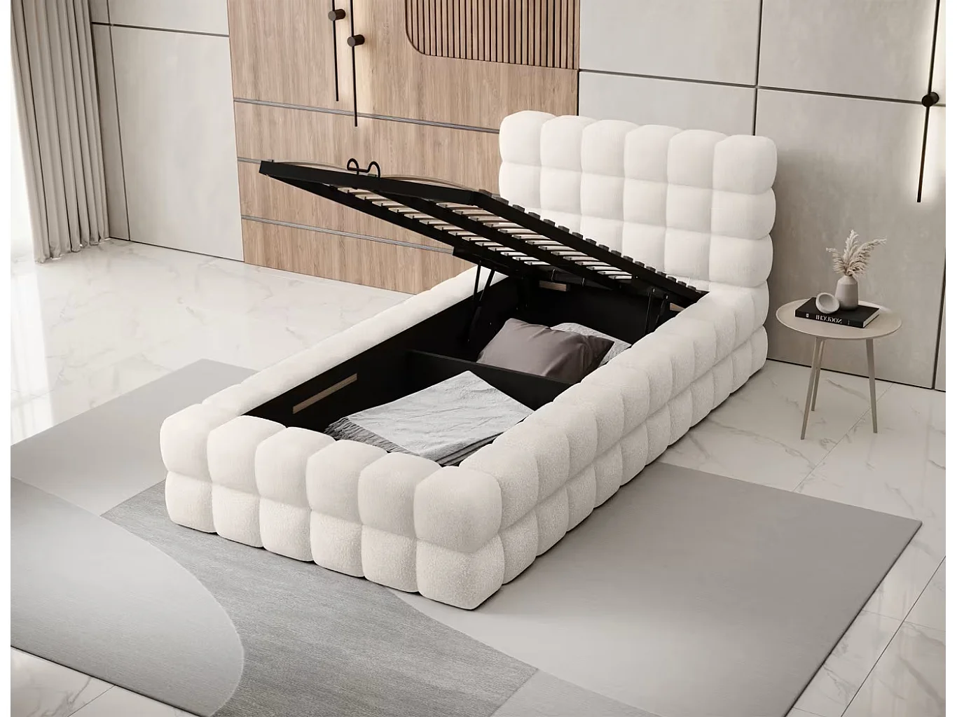 Bett Dario XS (90x200)/Stoffbezug/Bettkasten/Stoffbezug-Bouclé/Weiss