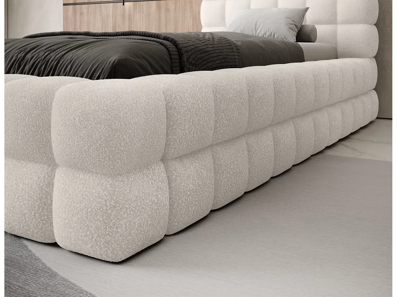 Bett Dario XS (90x200)/Stoffbezug/Bettkasten/Stoffbezug-Bouclé/Weiss