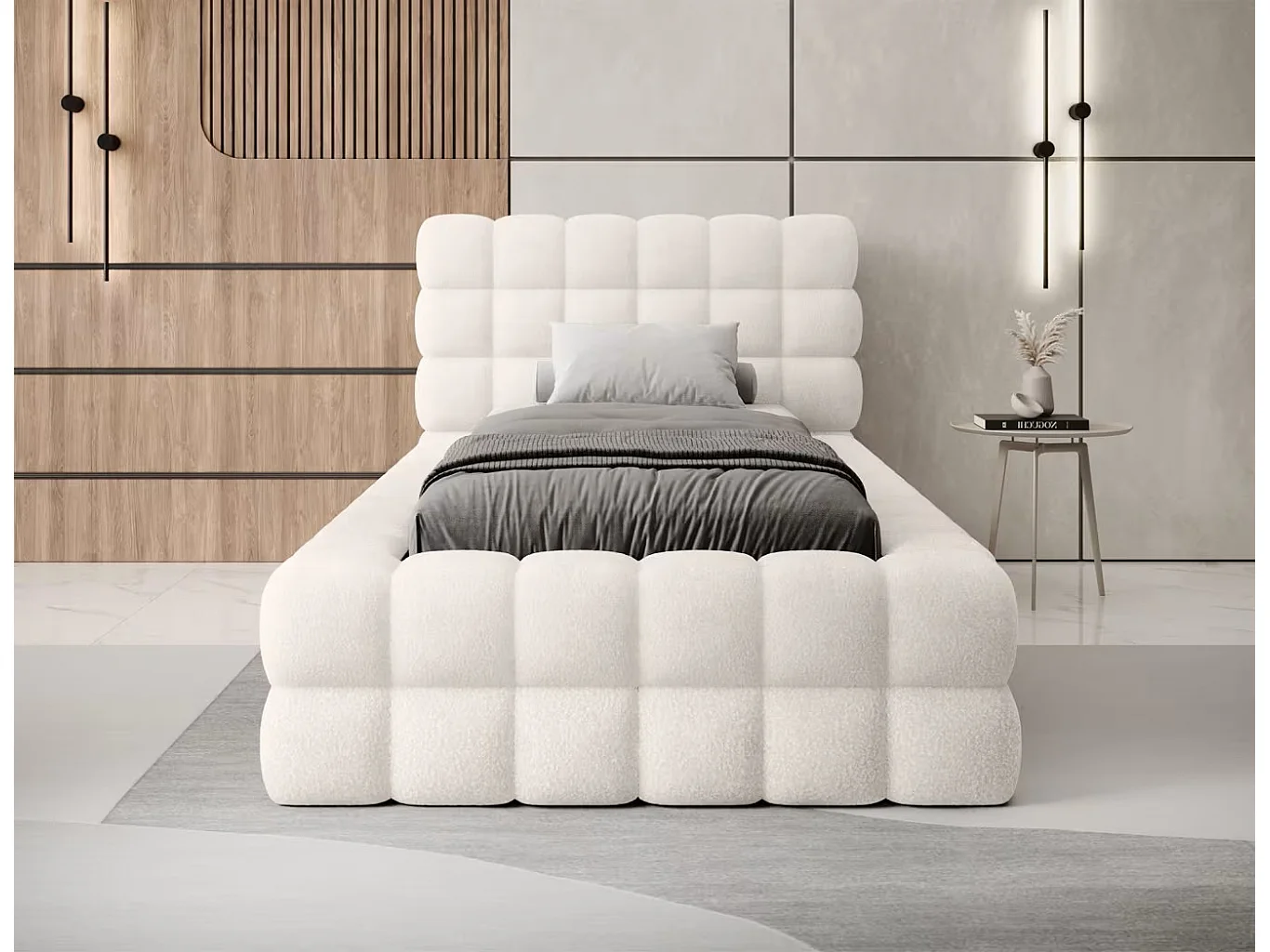 Bett Dario XS (90x200)/Stoffbezug/Bettkasten/Stoffbezug-Bouclé/Weiss