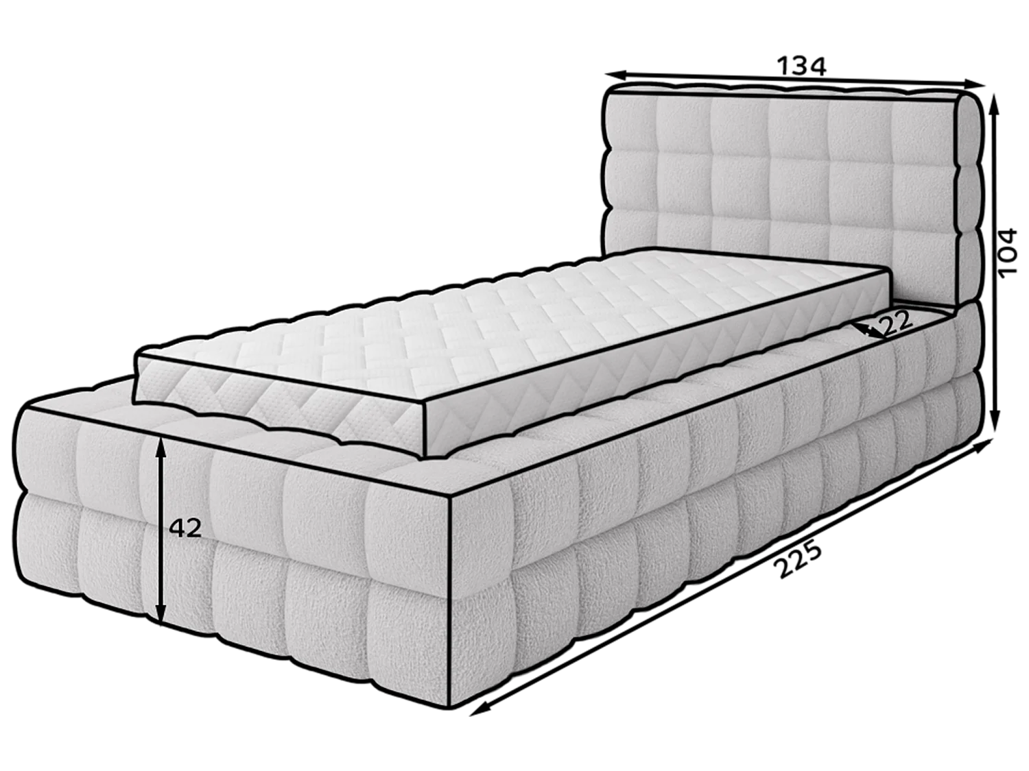 Lit Dario XS (90x200)/housse en tissu/coffre-fort/Tissu-Bouclé/Blanc