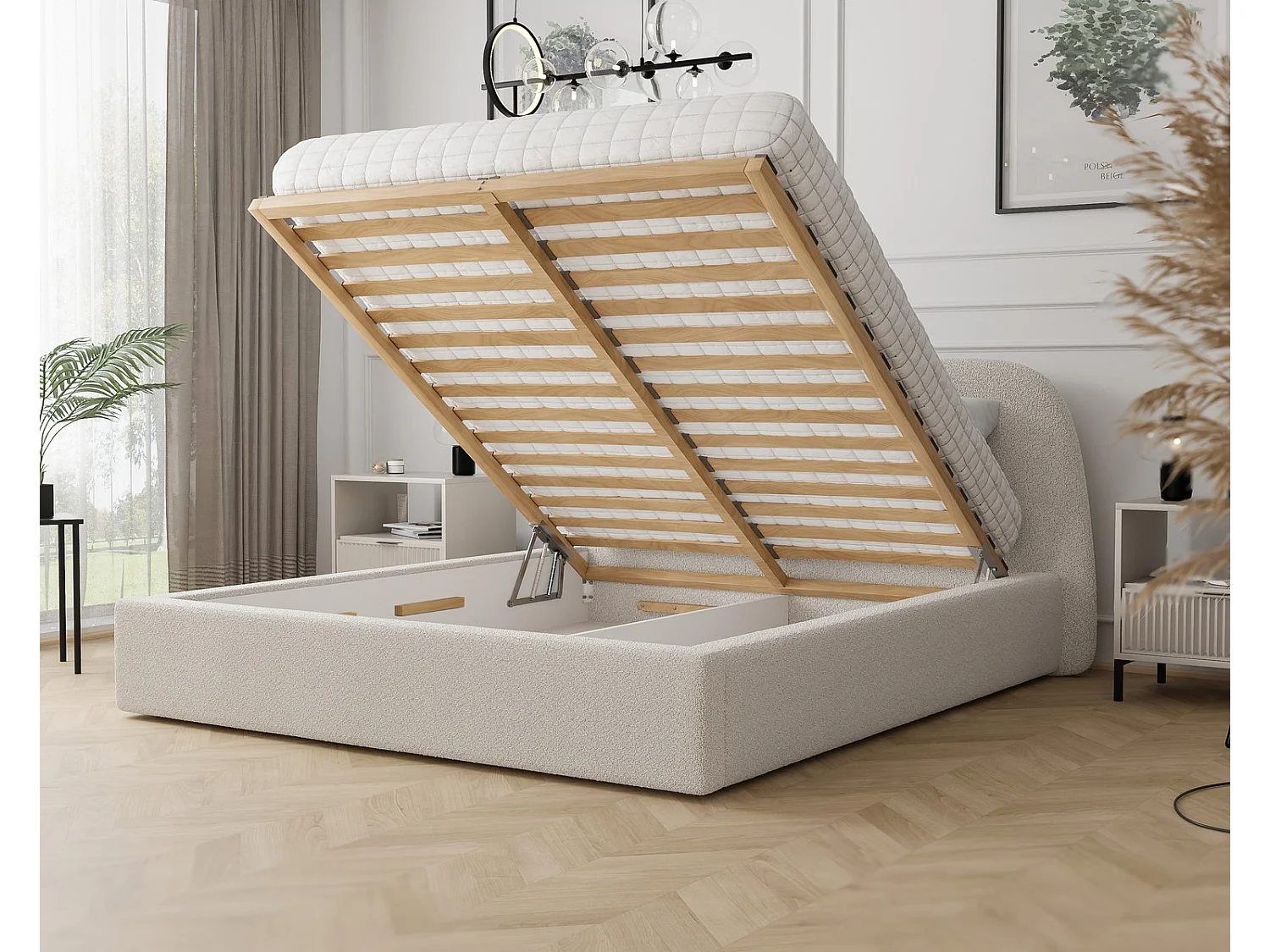 Lit tapissé CLOUD avec coffre de rangement pour la literie | 180x200 Crème