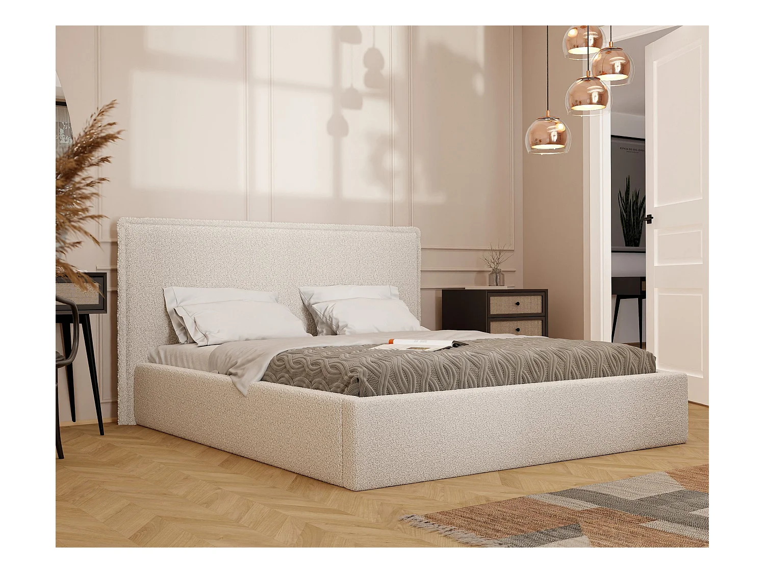 Lit tapissé COFY avec coffre de rangement pour la literie | 180x200 Crème