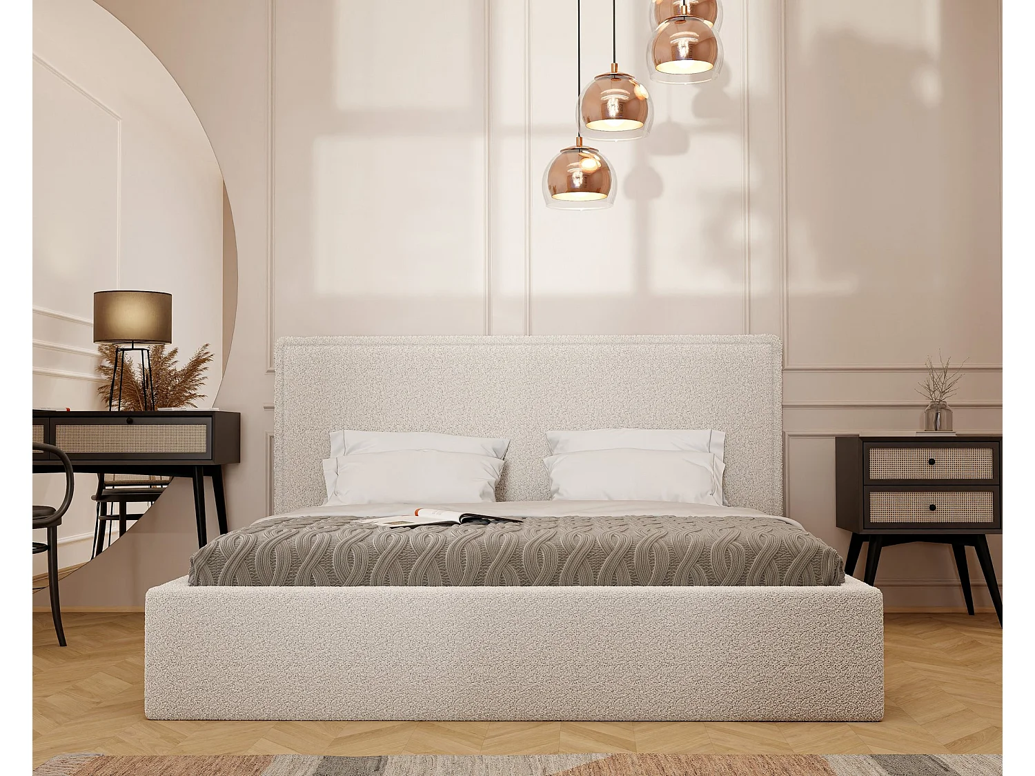 Lit tapissé COFY avec coffre de rangement pour la literie | 180x200 Crème