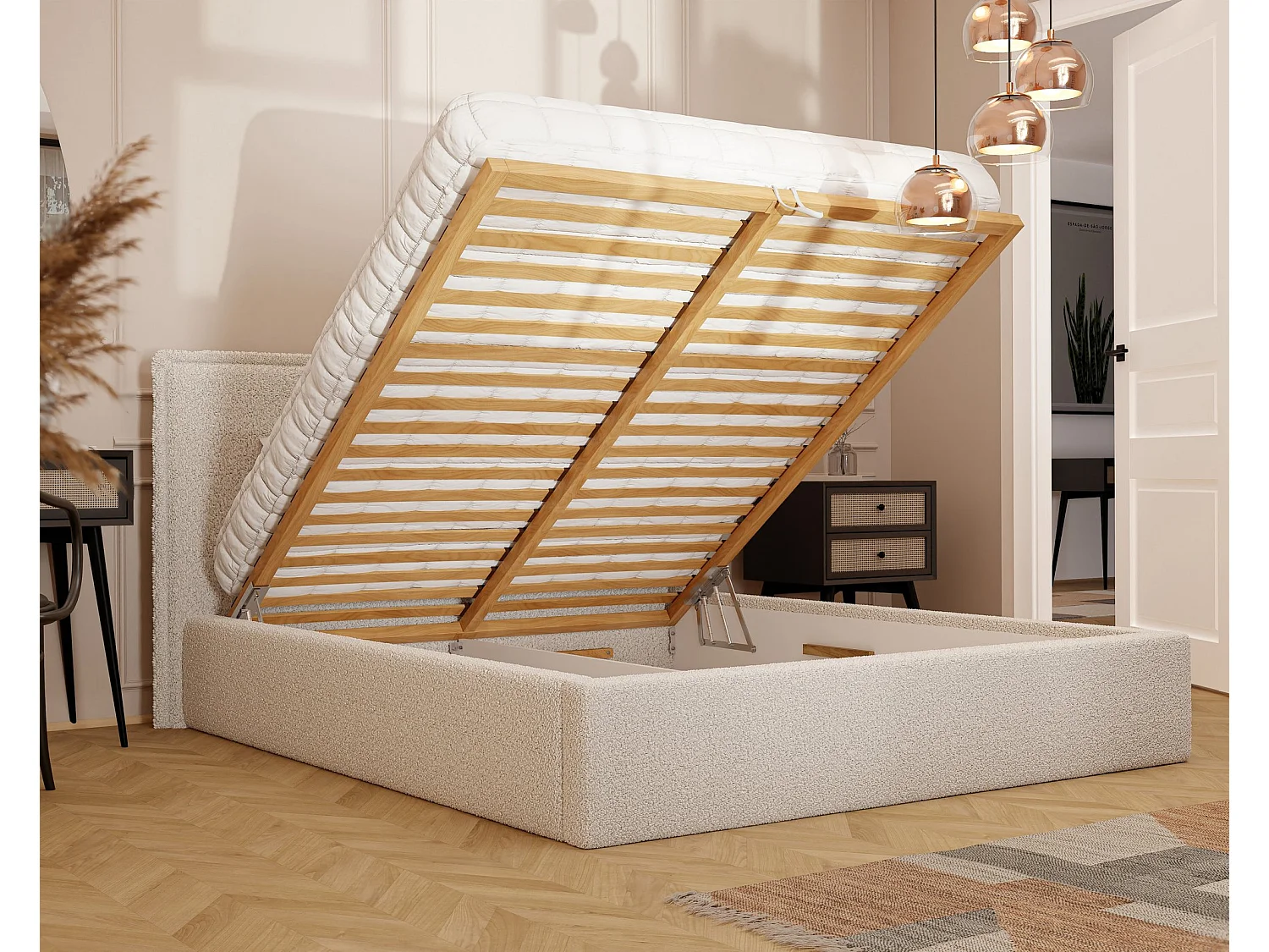 Lit tapissé COFY avec coffre de rangement pour la literie | 180x200 Crème