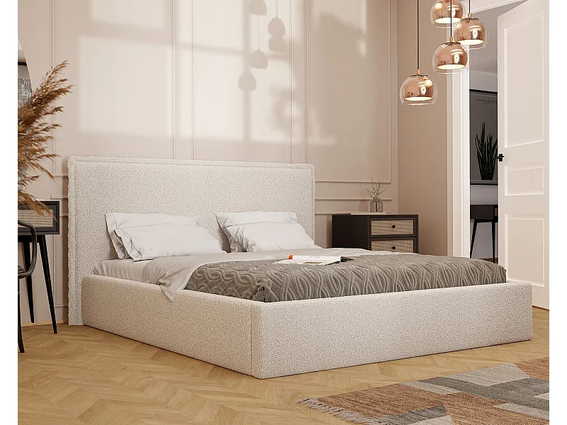 Lit tapissé COFY avec coffre de rangement pour la literie | 180x200 Crème
