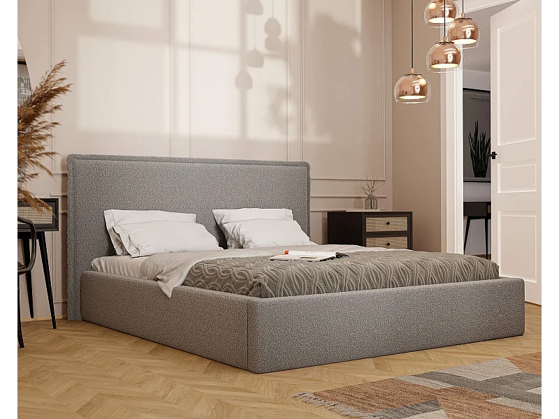 Lit tapissé COFY avec coffre de rangement pour la literie | 140x200 Gris