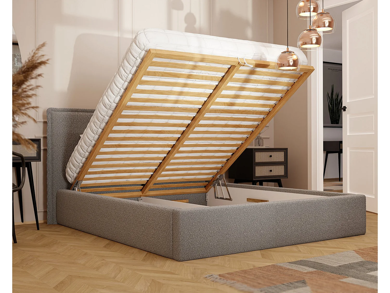 Lit tapissé COFY avec coffre de rangement pour la literie | 140x200 Gris