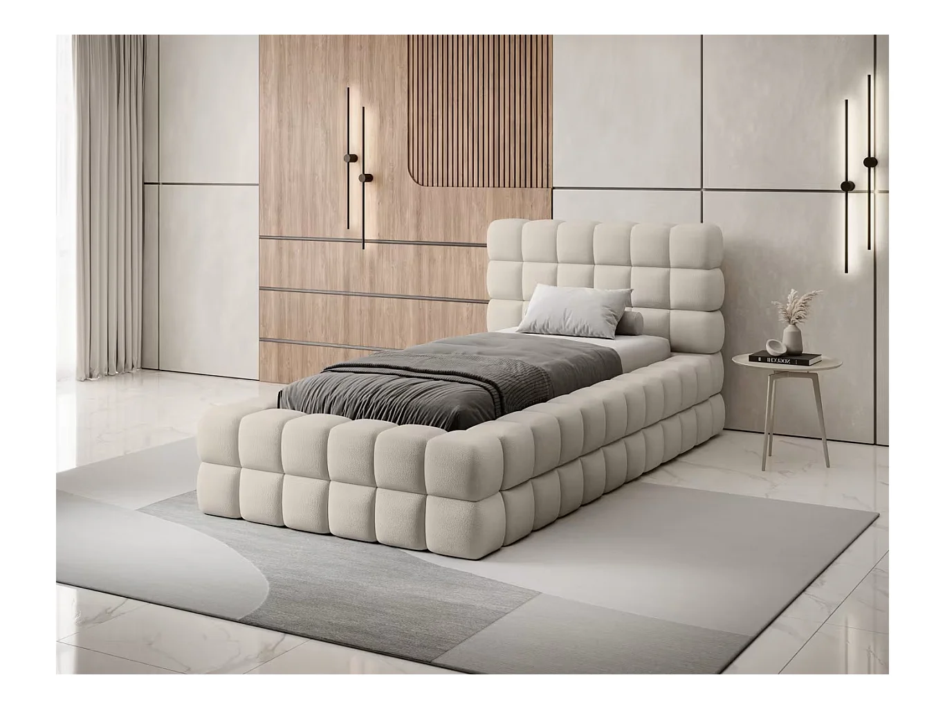 Bett Dario XS (90x200)/Stoffbezug/Bettkasten/Bouclé/Beige