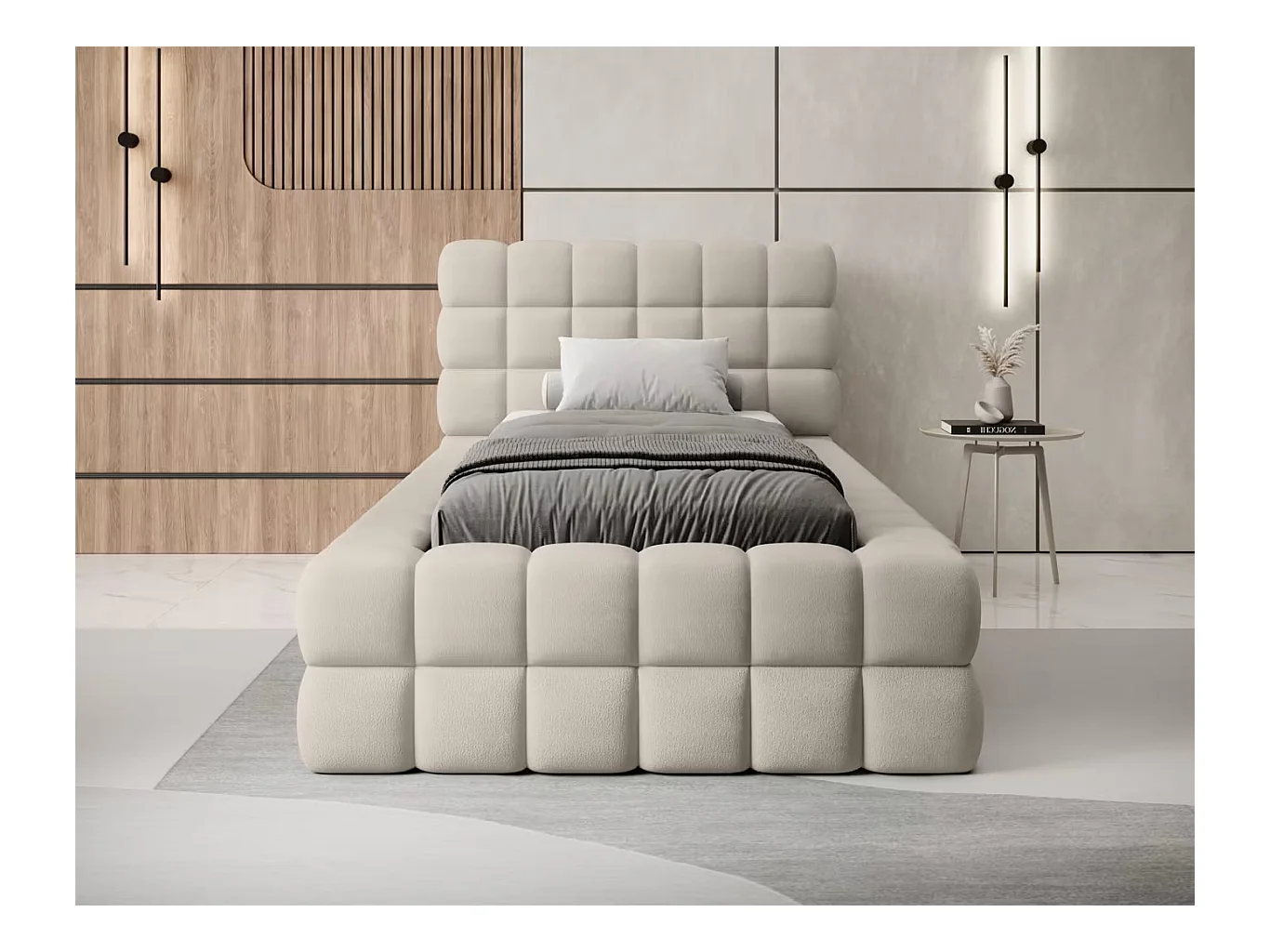 Bett Dario XS (90x200)/Stoffbezug/Bettkasten/Bouclé/Beige