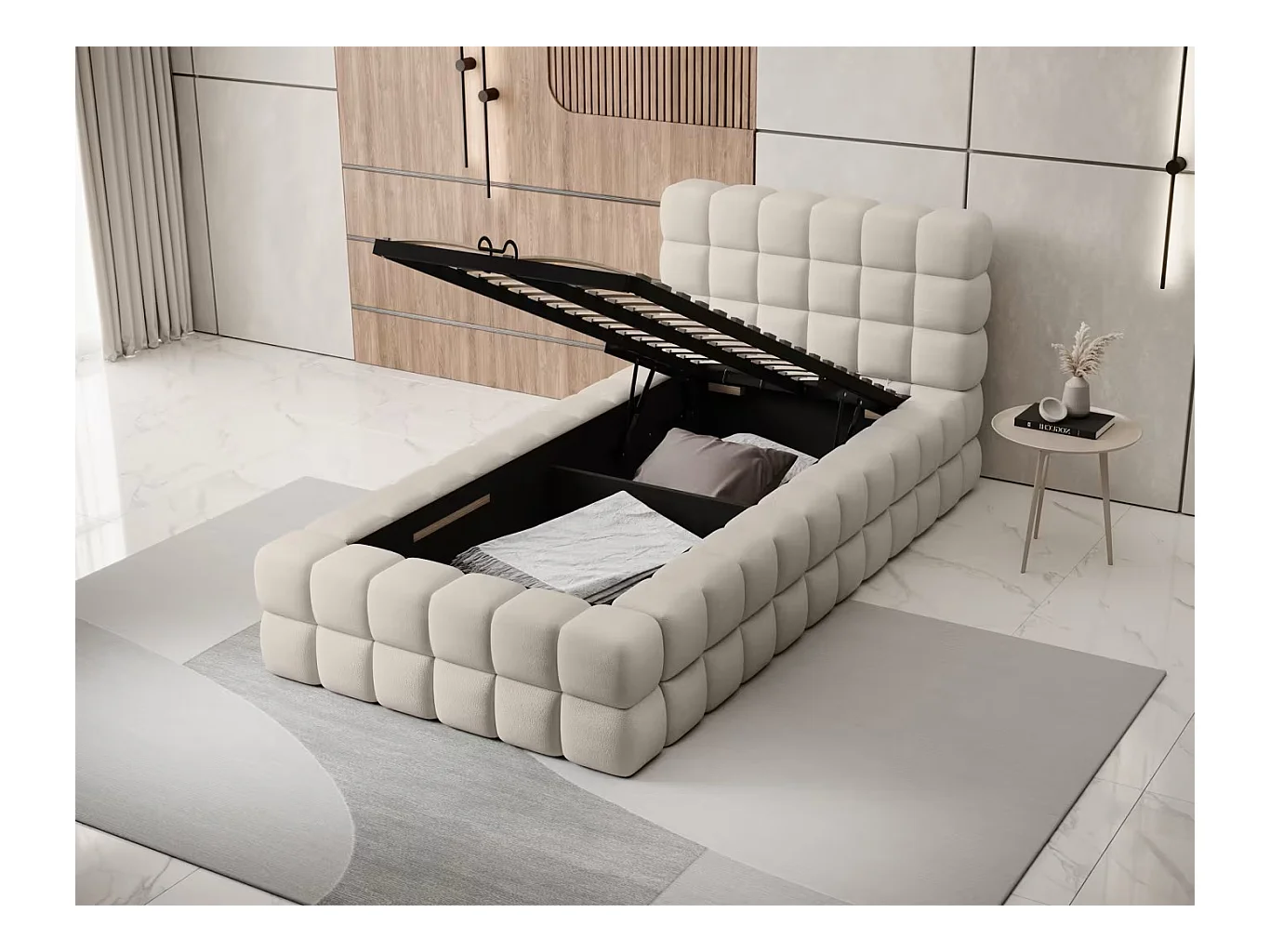 Bett Dario XS (90x200)/Stoffbezug/Bettkasten/Bouclé/Beige